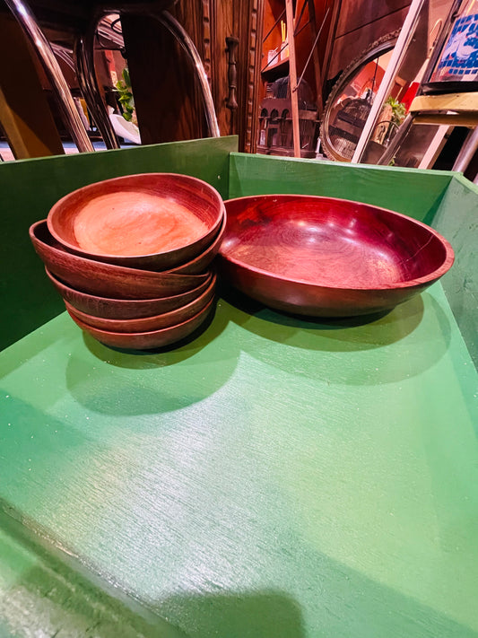 Vintage Handmade Cherry Wood Salad Bowl Set- Big Bowl with 6 Small Bowls