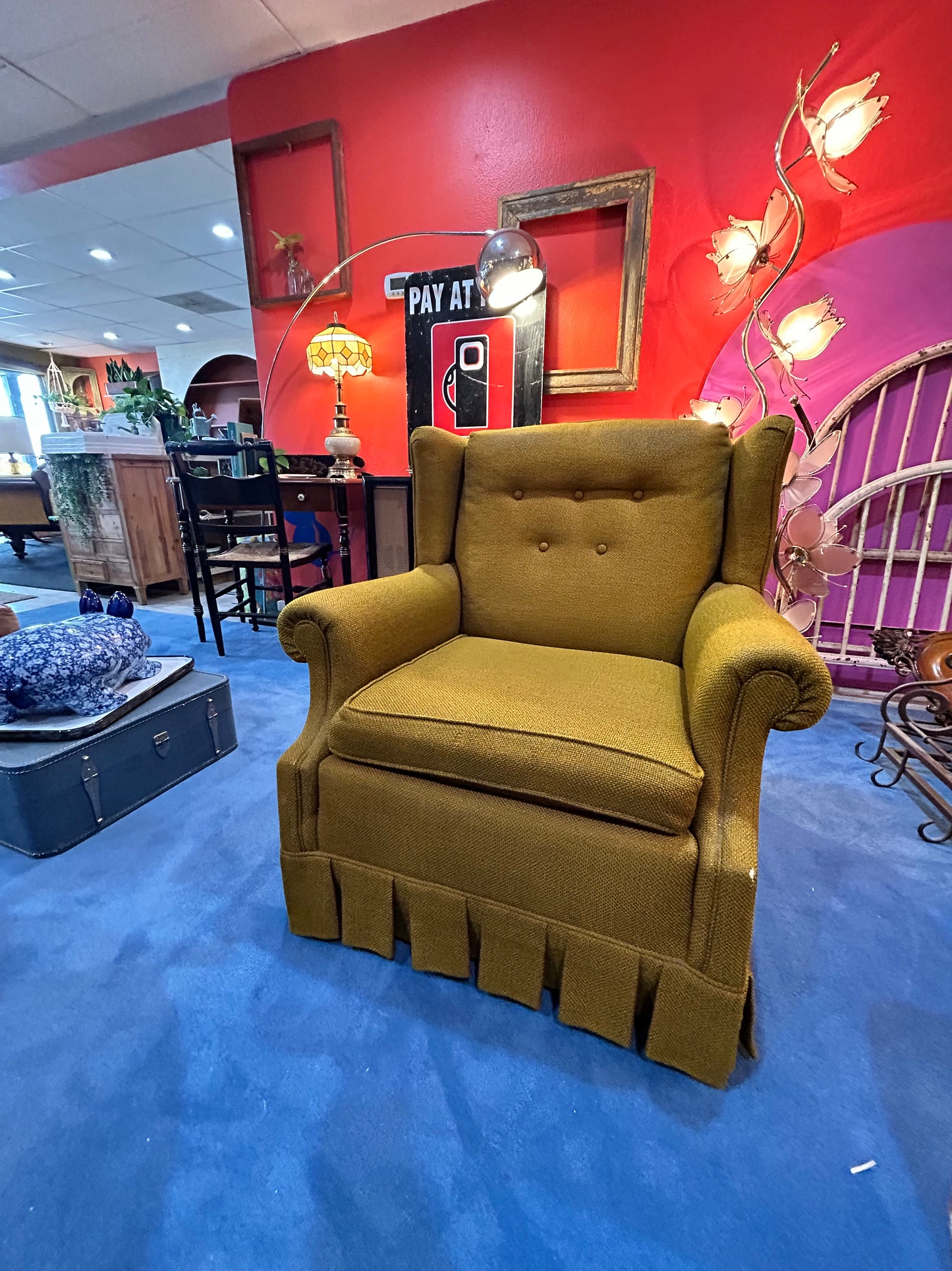 Vintage Chartreuse Felt Wingback Chair