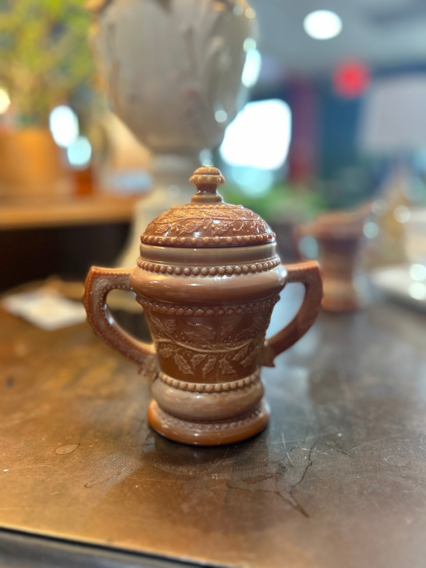 Summit Vintage Chocolate Caramel Slag Glass- Sugar Bowl With Lid- Holly Berry