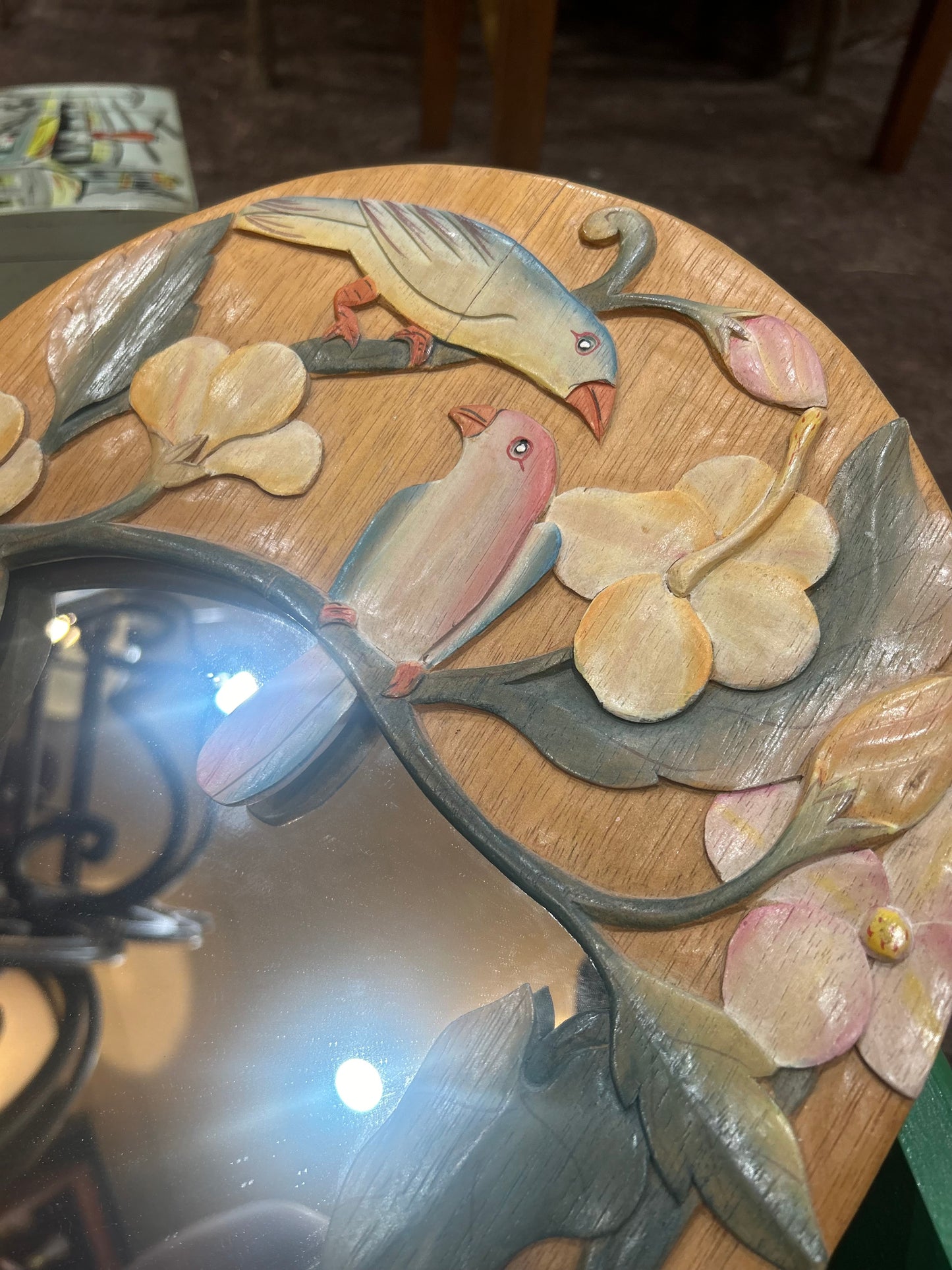 Vintage Hand Carved Tropical Birds and Flowers Wooden Mirror