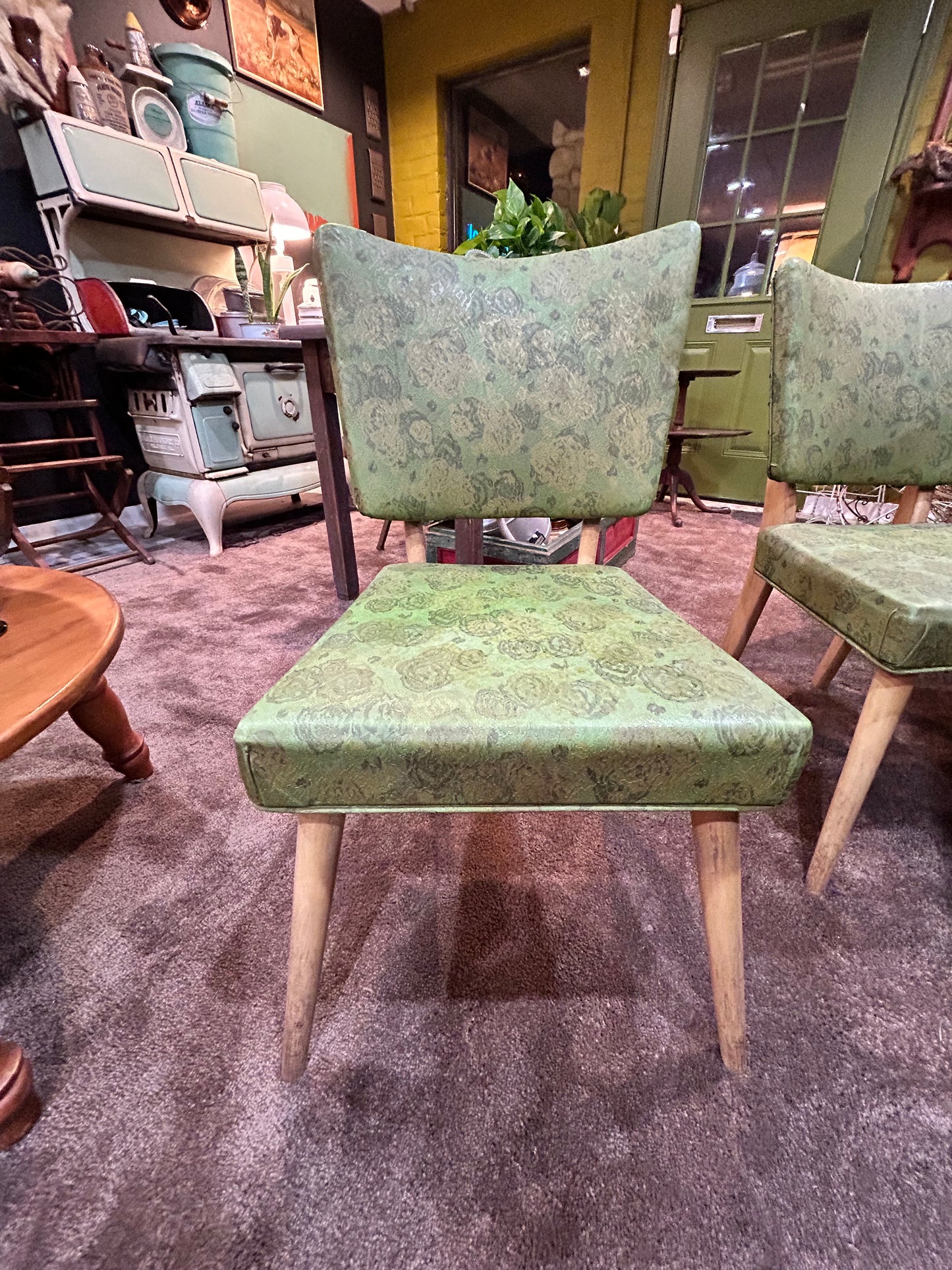 Mid Century Green Floral Print Vinyl Chairs- Meier Pohlmann Set of 2