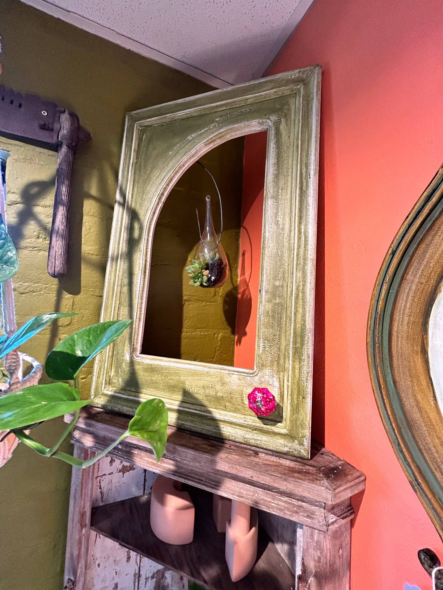 Vintage Green Windowless Frame with Antique Pink Knob- Plant Holder