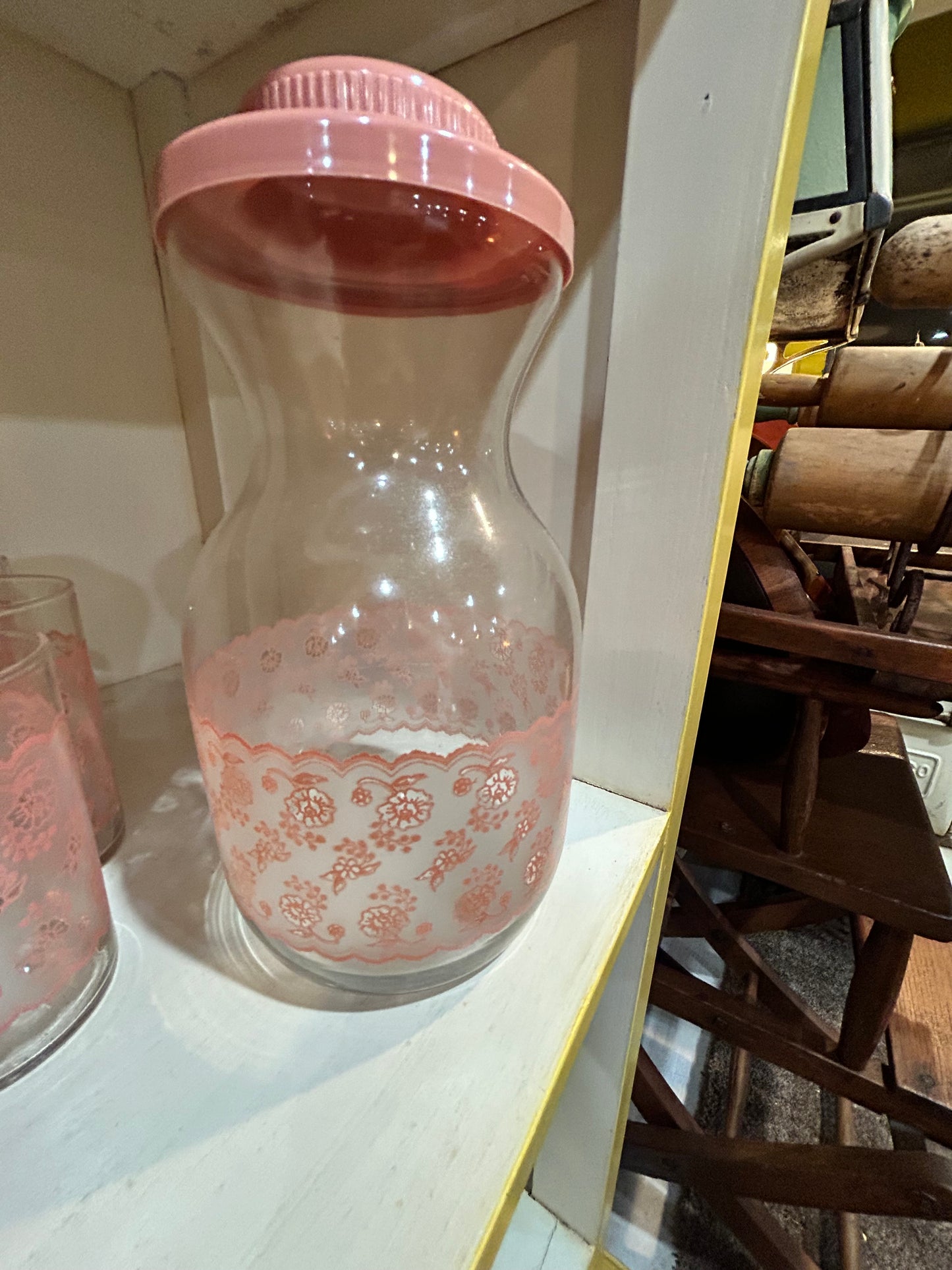 Vintage Tiara Pink Lace Juice Carafe with 6 Juice Glasses