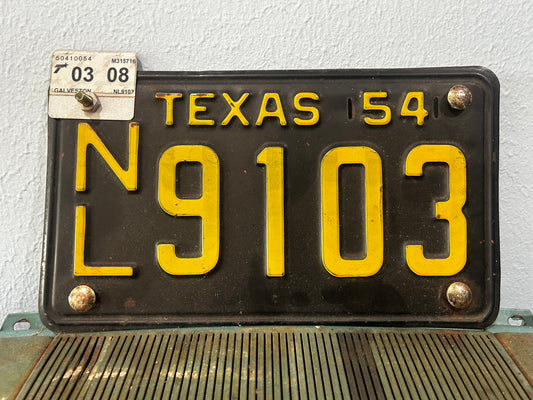 Texas License Plate- 1954-Black with Yellow Letters
