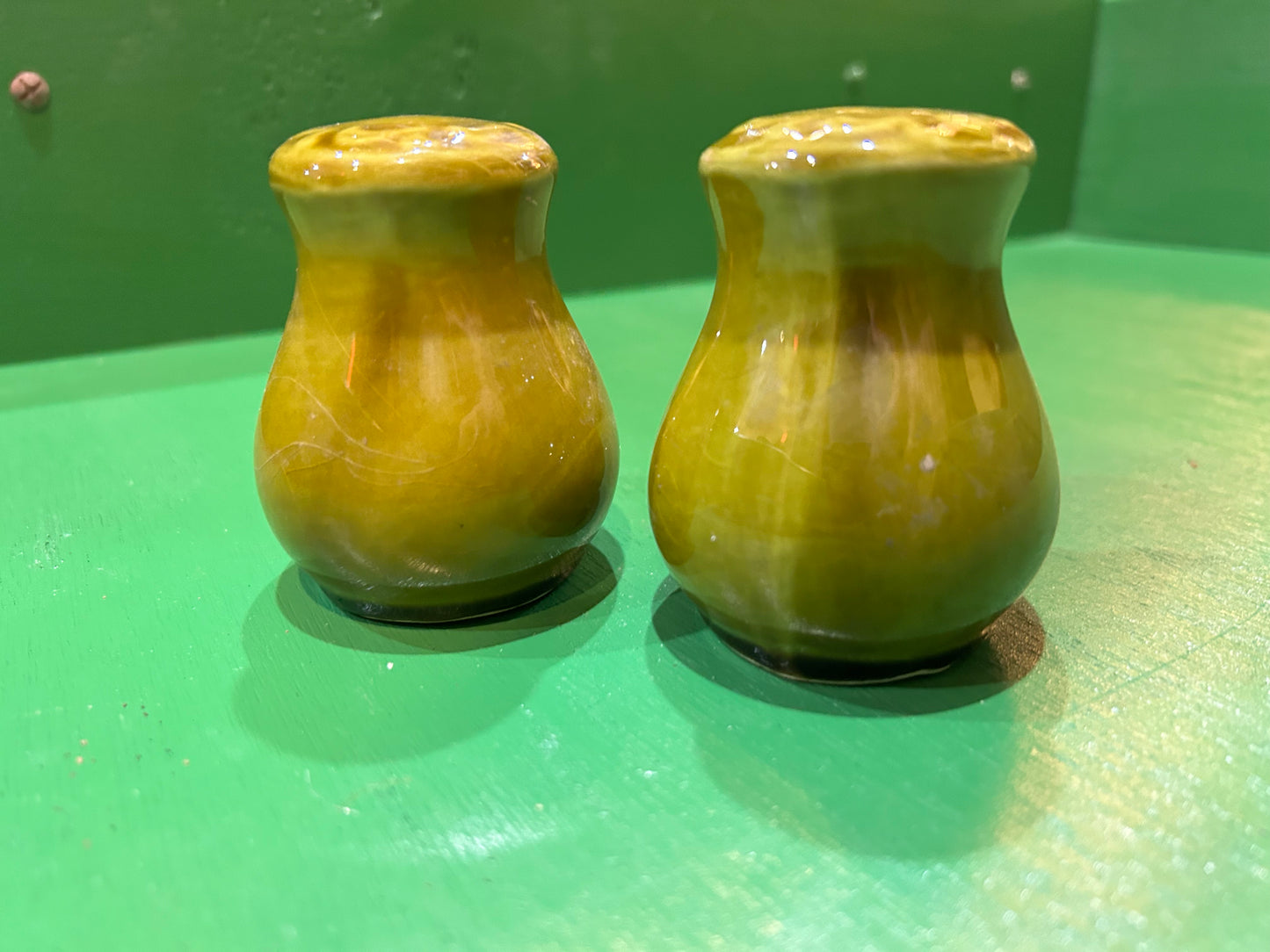 Vintage Lusterware Olive Green Salt and Pepper Shaker Set