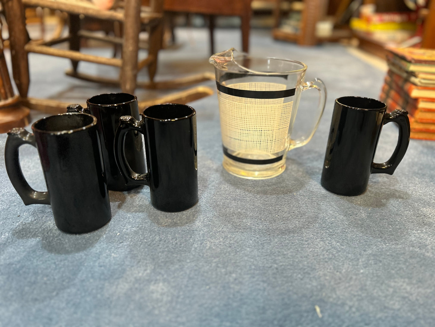 Painted Glass Juice Pitcher with 4 Onyx Beer Stein- Set of 5