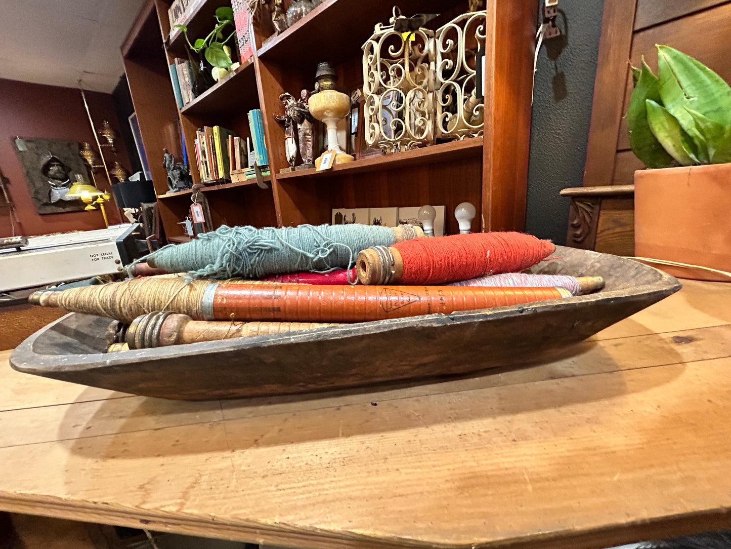 Lot of Vintage Wooden Spindles/Spinning/Weaving Tools Displayed in Antique Bread Bowl