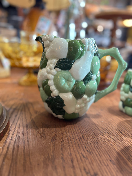 Vintage 70’s Majolica Fruit Pitcher and Set of 6 Juice Cups