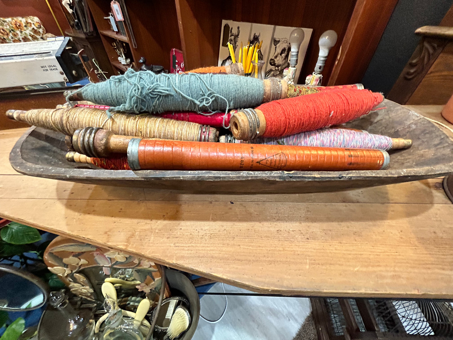 Lot of Vintage Wooden Spindles/Spinning/Weaving Tools Displayed in Antique Bread Bowl