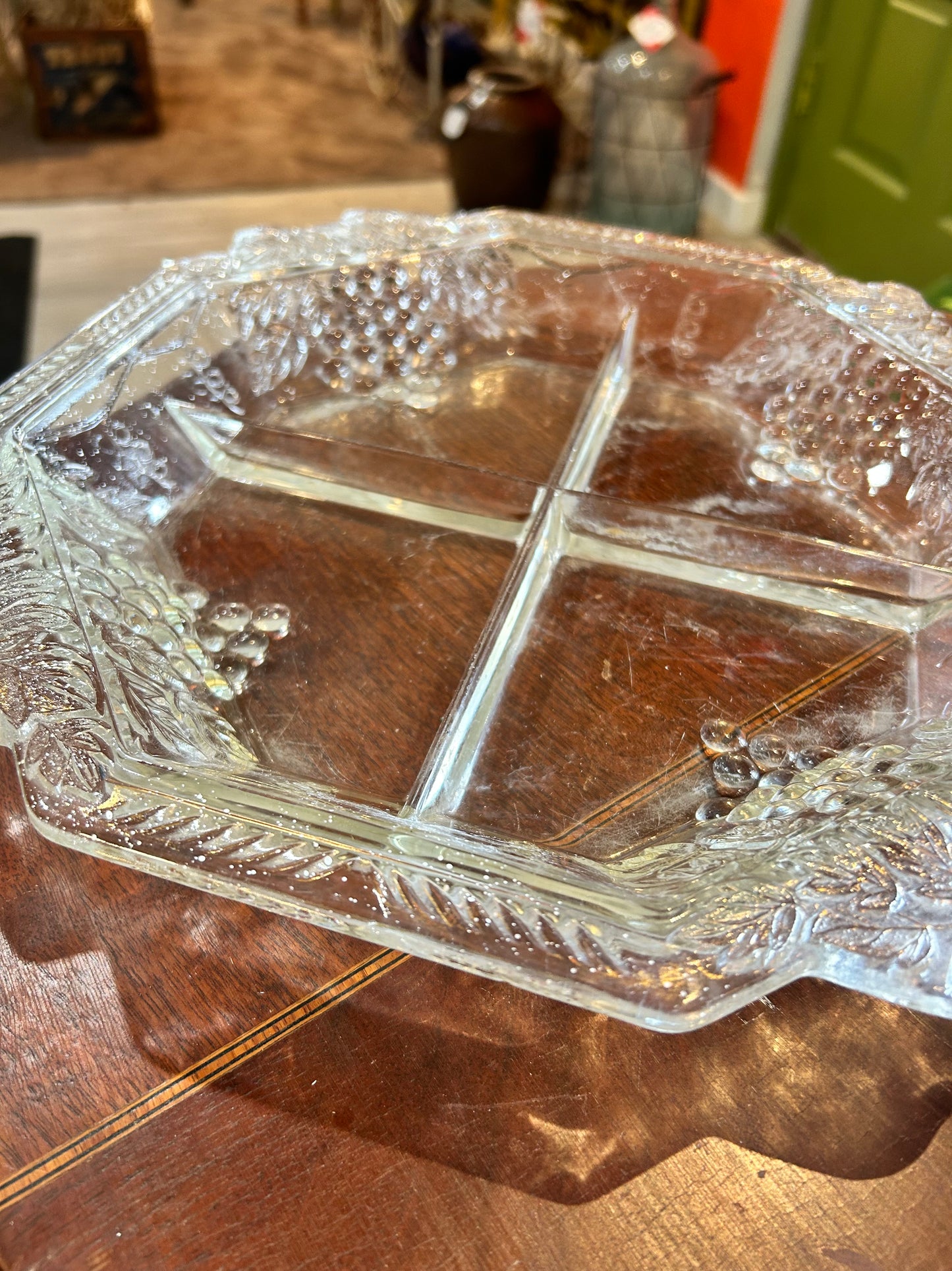 Vintage Jeannette Glass Divided Platter- Grape Design