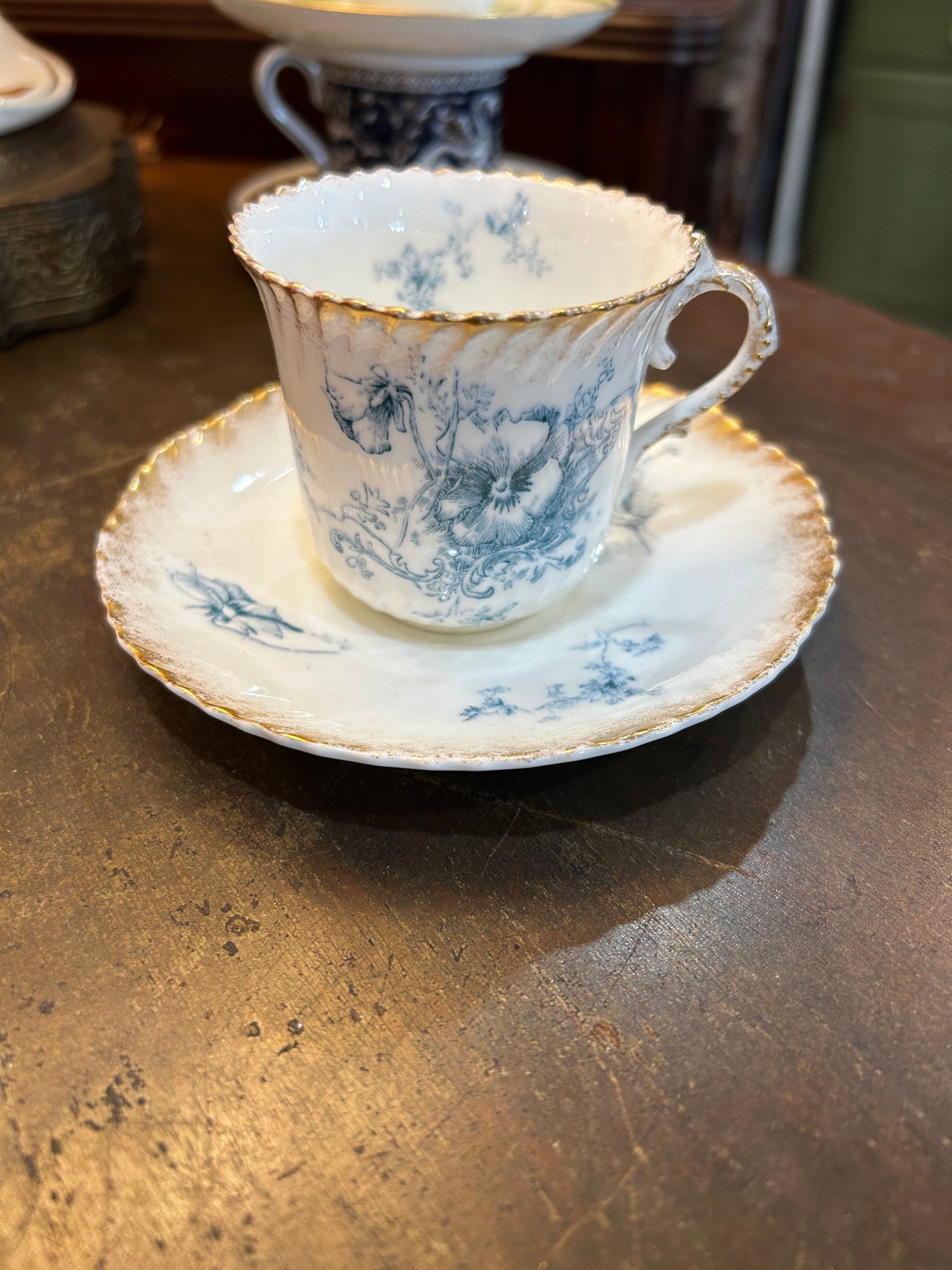 Bisto Bishop and Stonier Bone China Blue Flowers Gold Gilded Trim Demitasse Teacup and Saucer Set