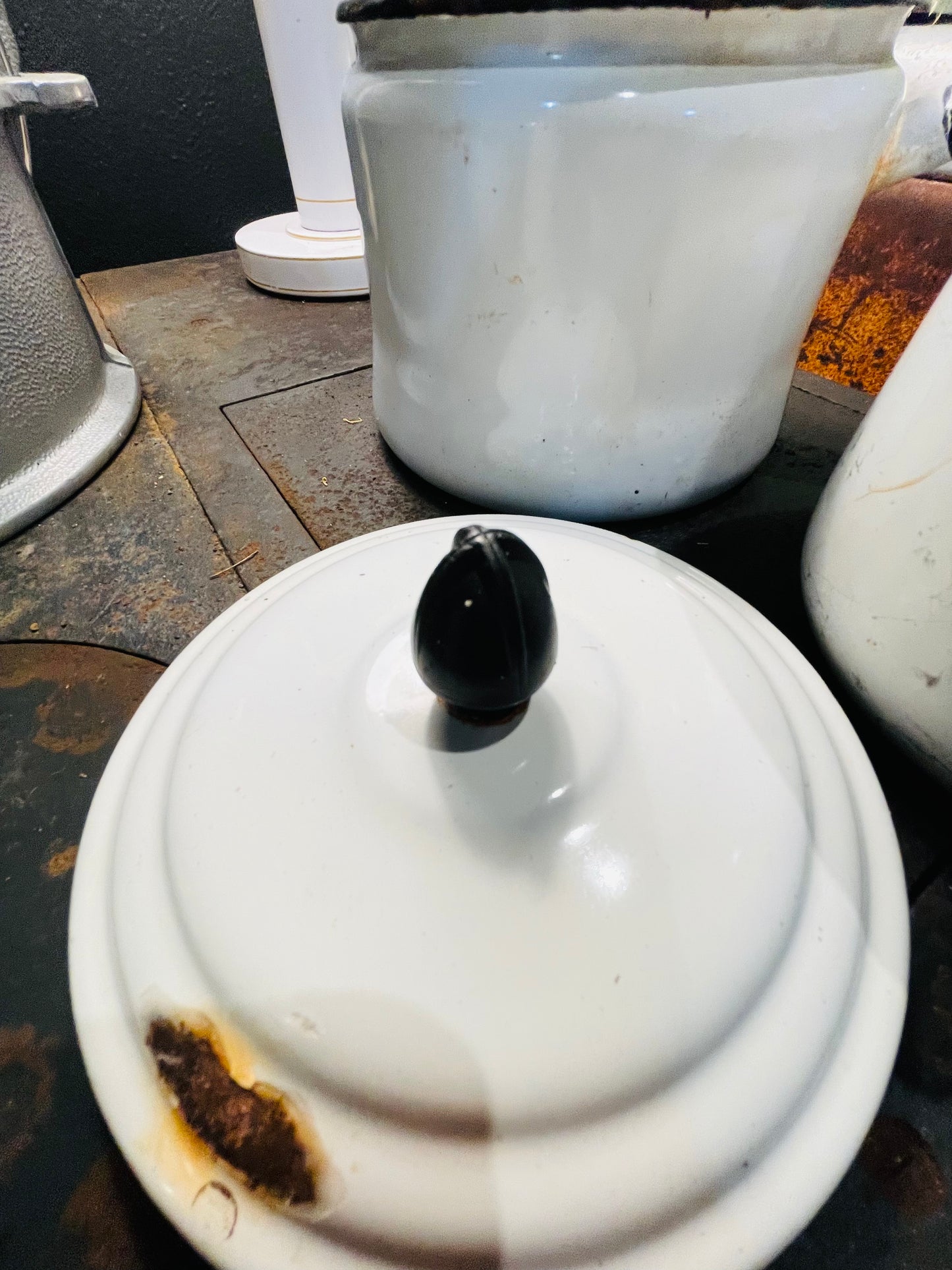 Vintage 1940’s Enamelware Double Broiler- White with Black Trim and Handle