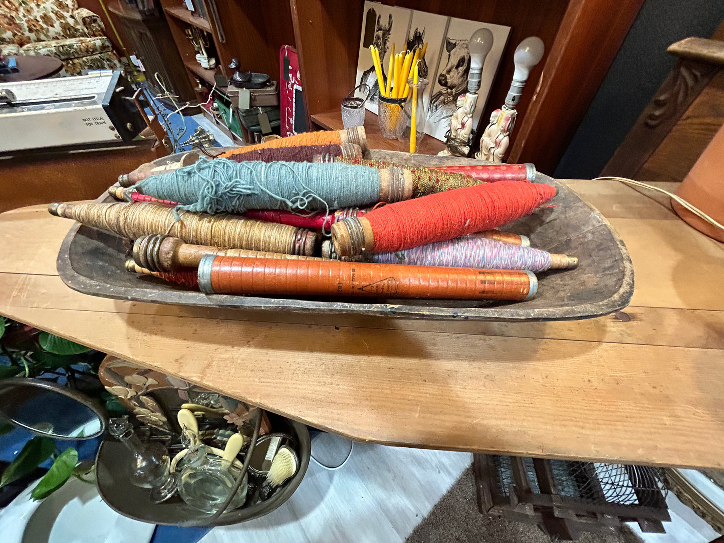 Lot of Vintage Wooden Spindles/Spinning/Weaving Tools Displayed in Antique Bread Bowl