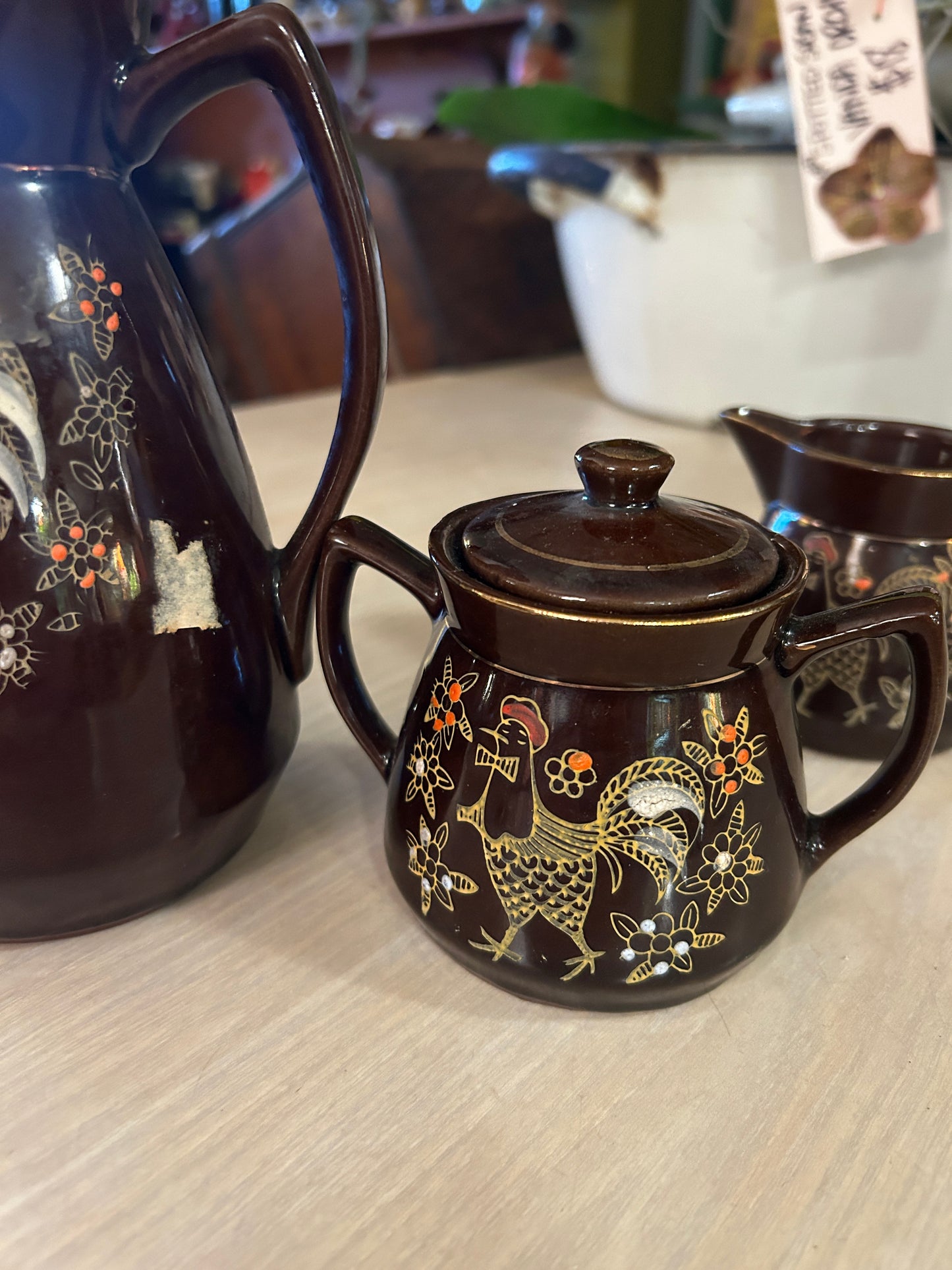 Vintage Moriage Redware Pitcher, Cramer, Sugar Bowl Set- Enameled Rooster-Japan