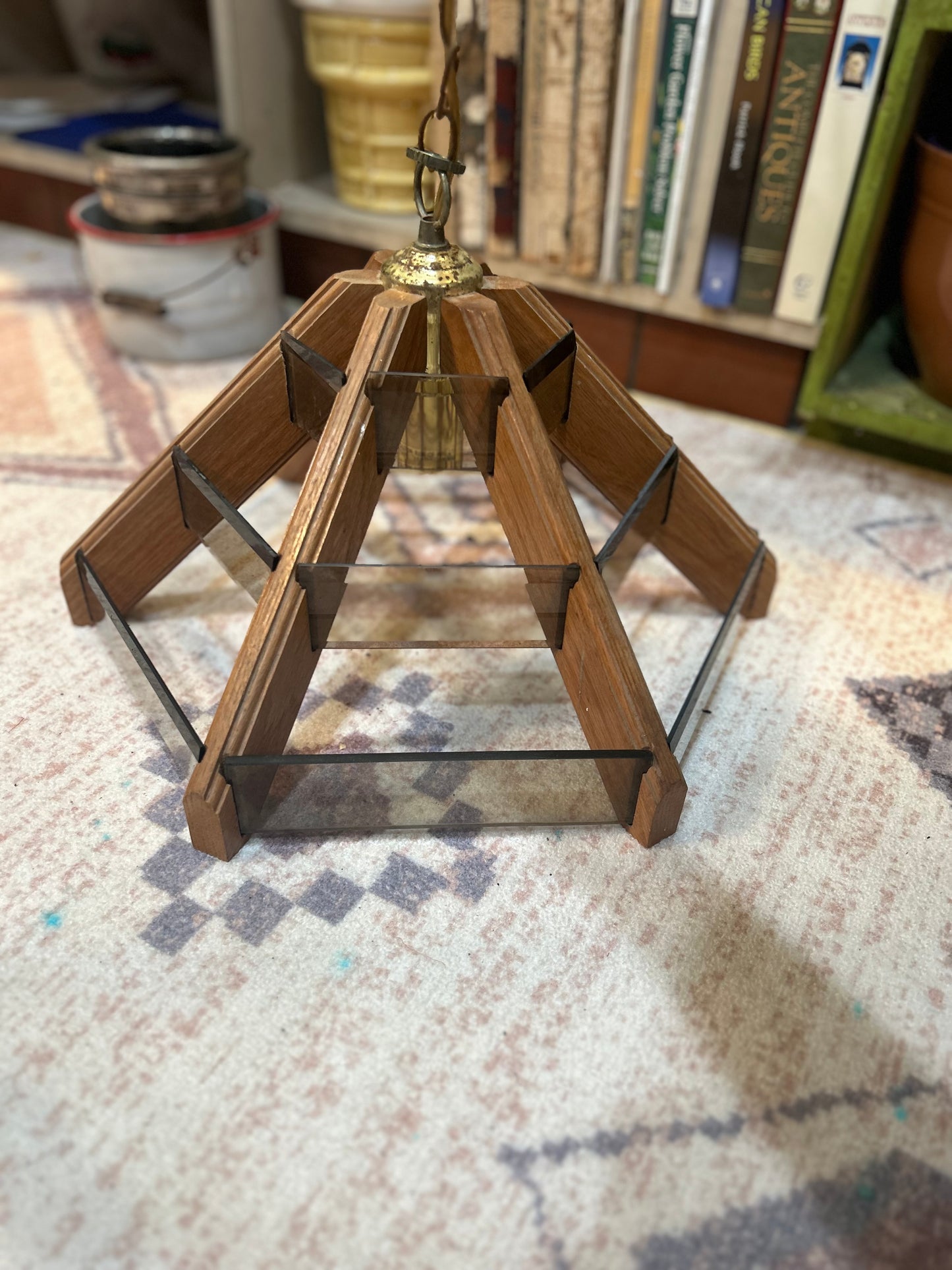 Mid Century Hexagon Swag Chandy- Tinted Brown Glass Slats