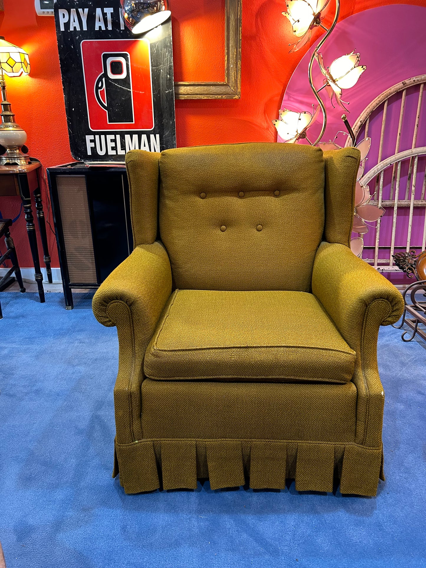 Vintage Chartreuse Felt Wingback Chair