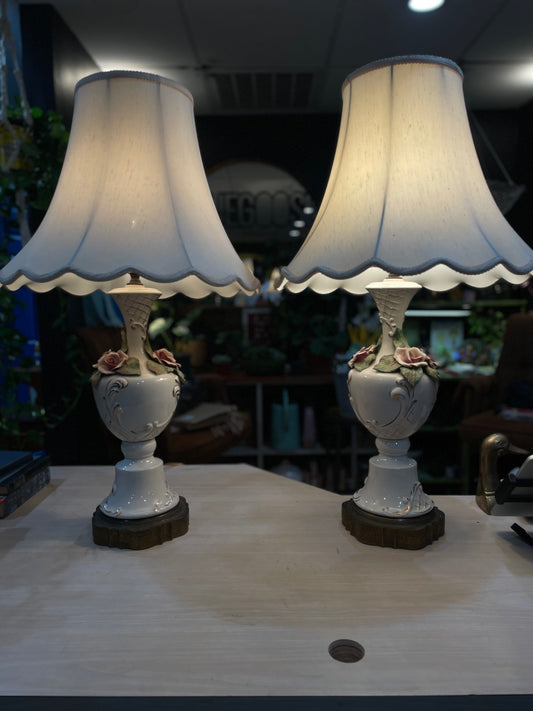Pair of Vintage Mid 20th Century Capodimonte Rose Porcelain Lamps- Original Shades