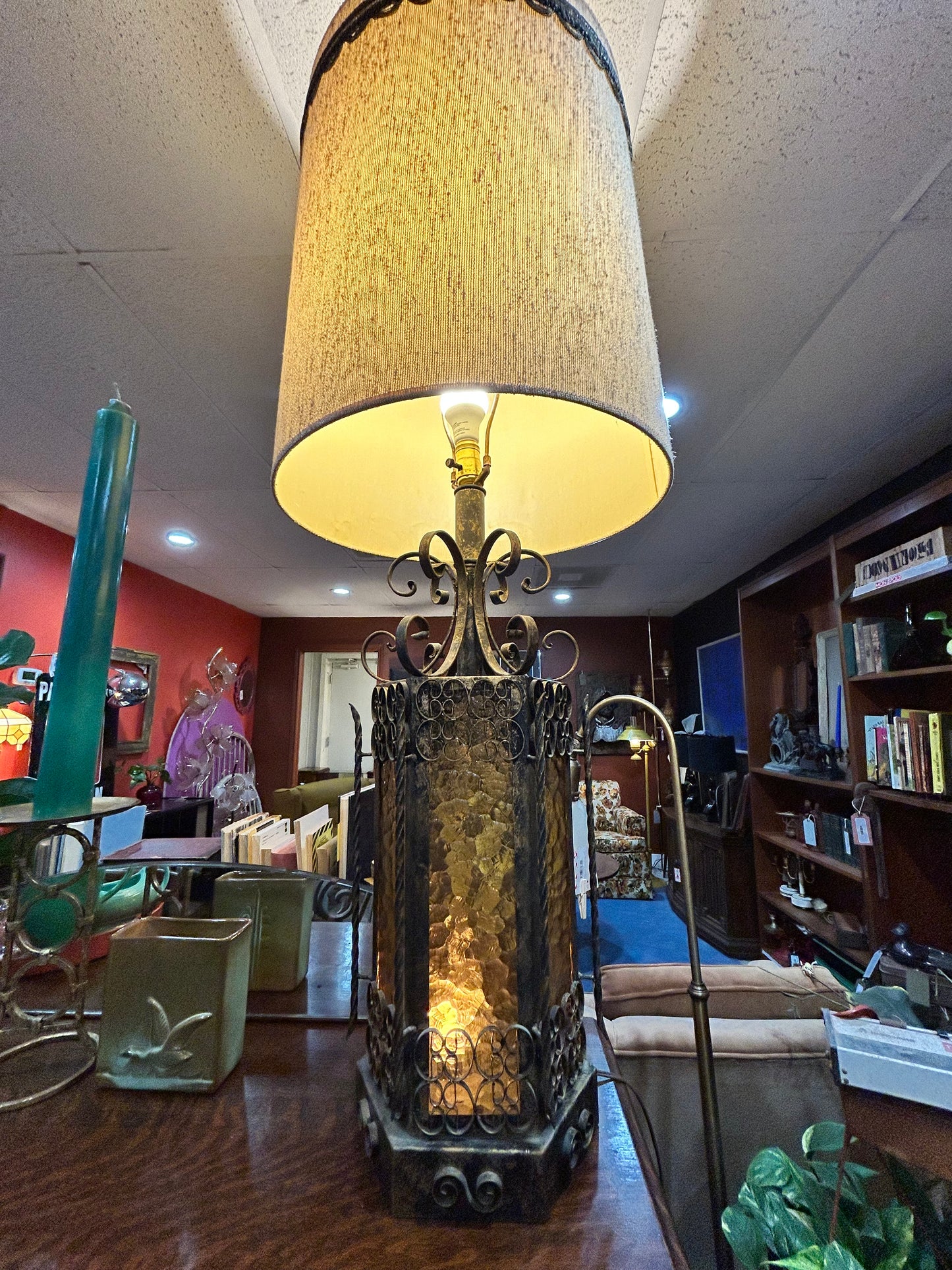 Vintage Amber Glass and Iron Spanish Revival Gothic Table Lamp