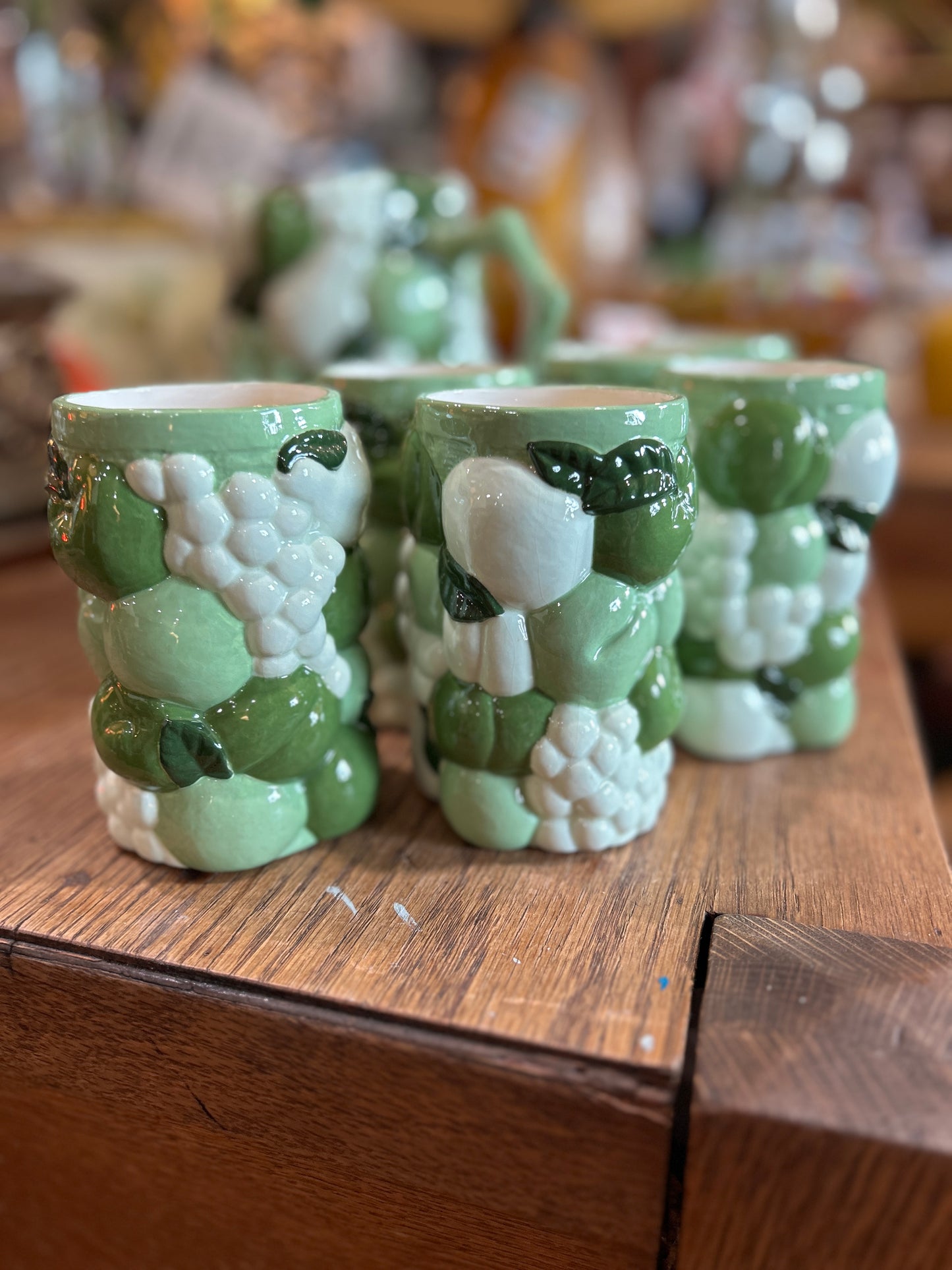 Vintage 70’s Majolica Fruit Pitcher and Set of 6 Juice Cups