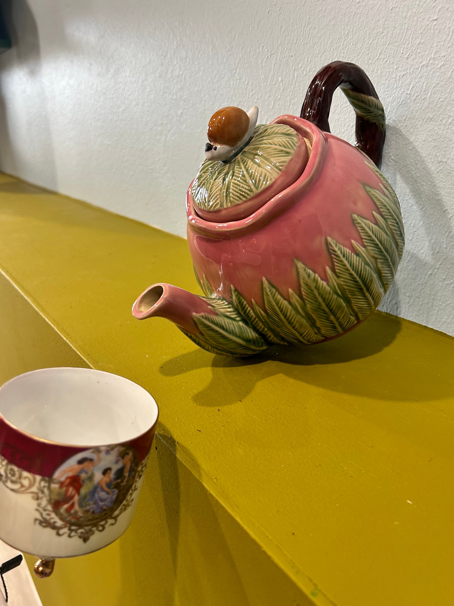 Vintage Majolica Ceramic Teapot- Snail Lid Stamped/Signed by Artist