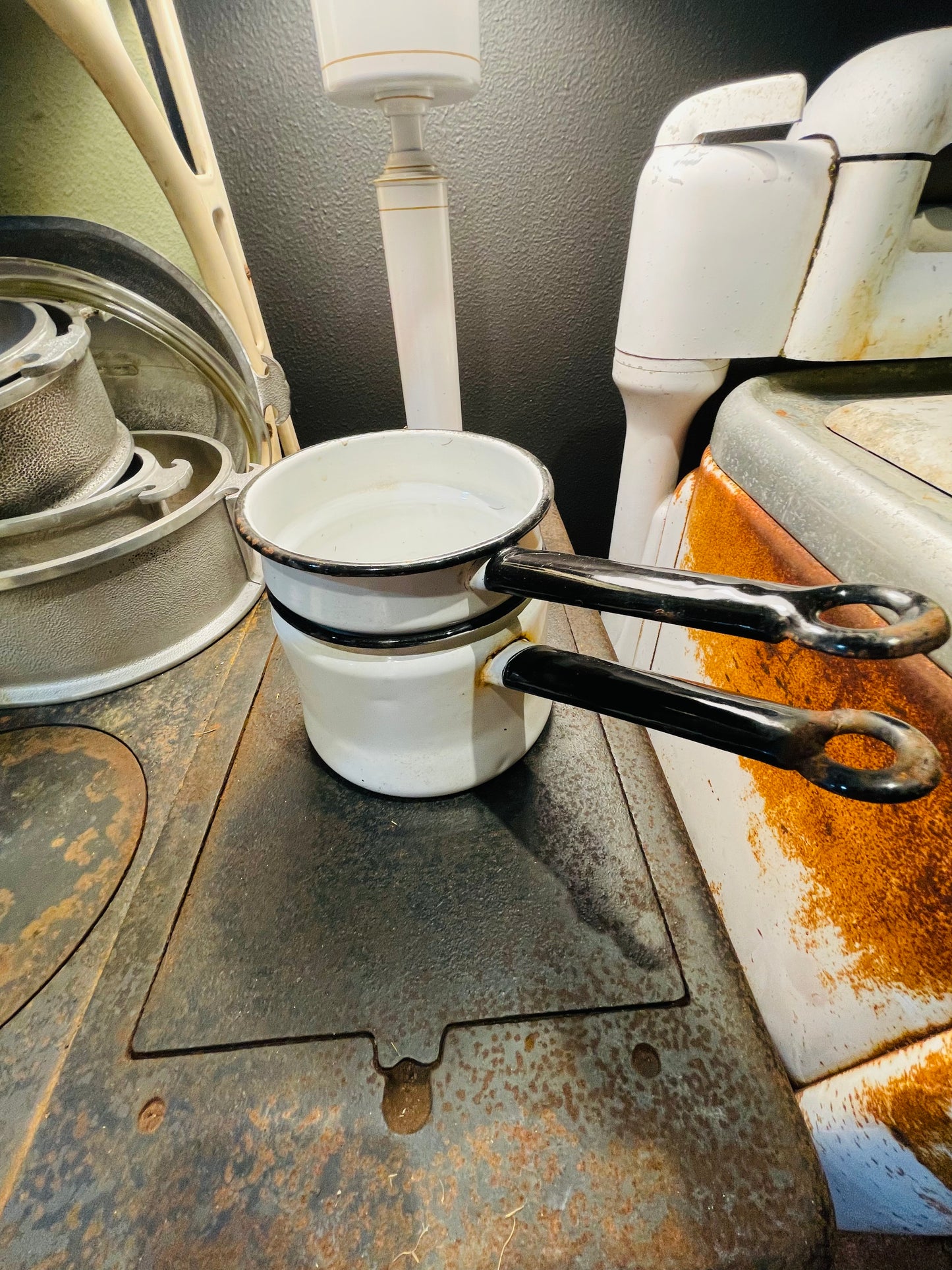 Vintage 1940’s Enamelware Double Broiler- White with Black Trim and Handle