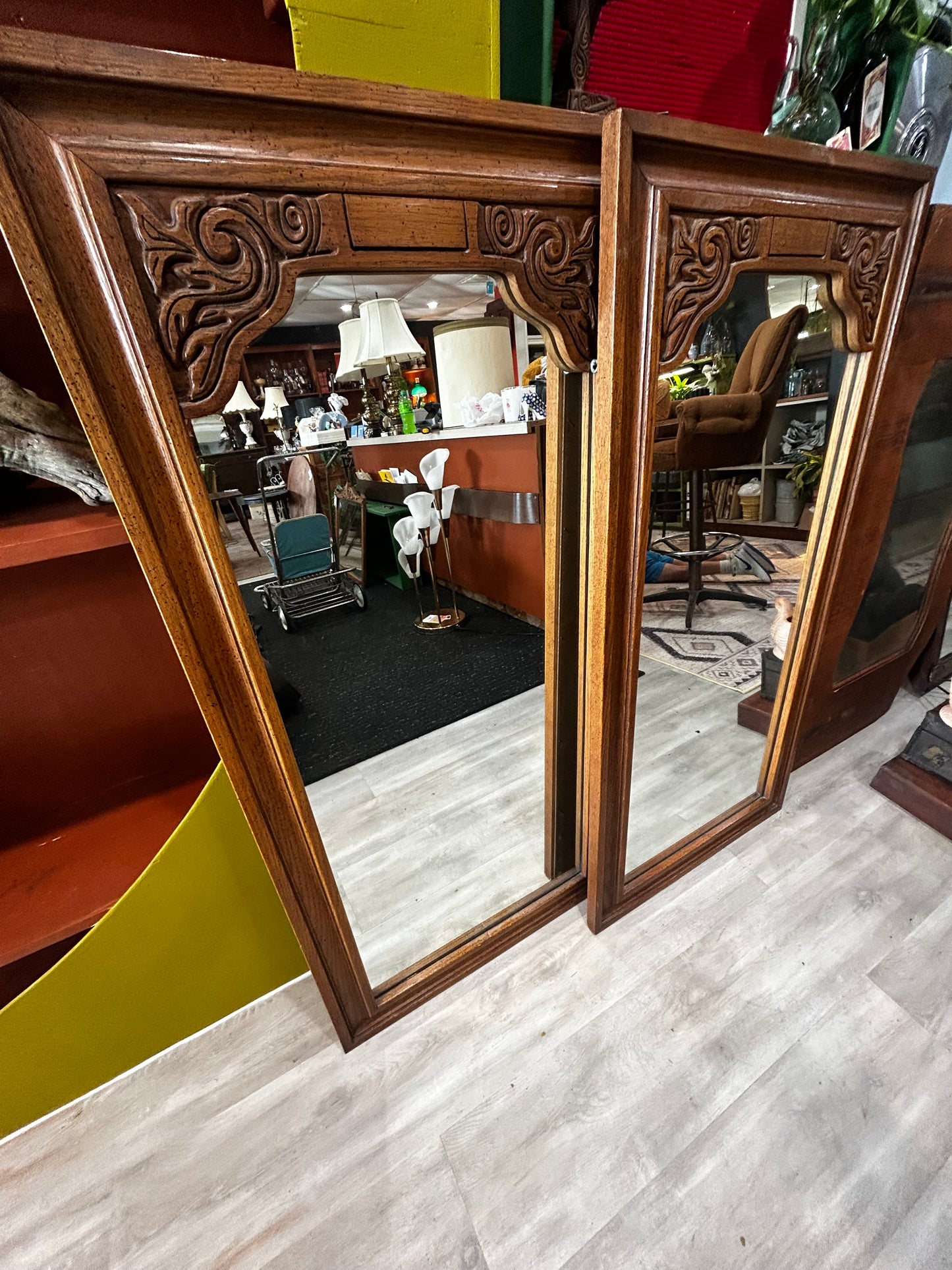 Vintage MCM Wooden Intricate Design Wall Mirror