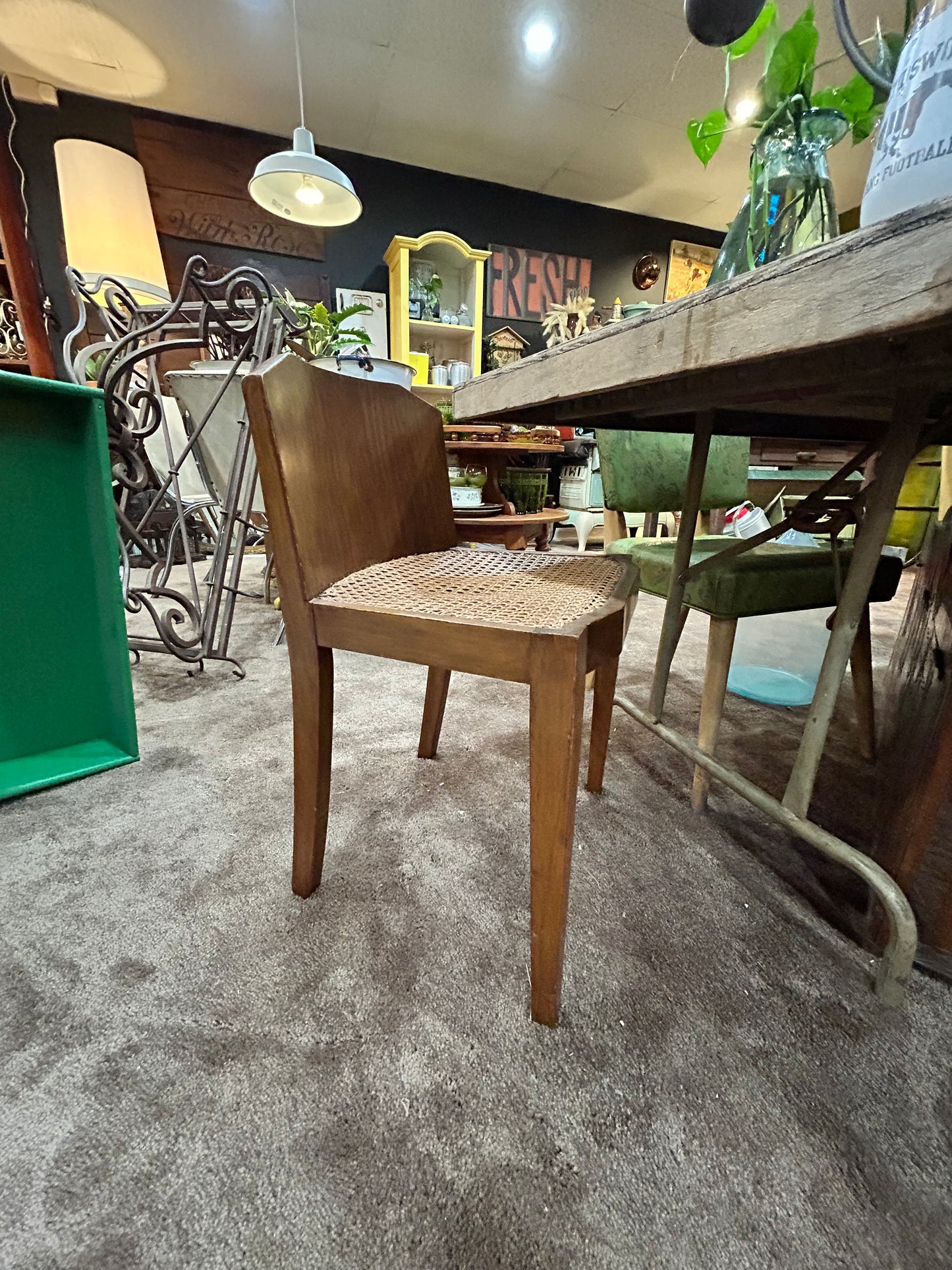 Vintage MCM Unique Wood Chair with Rattan Seat