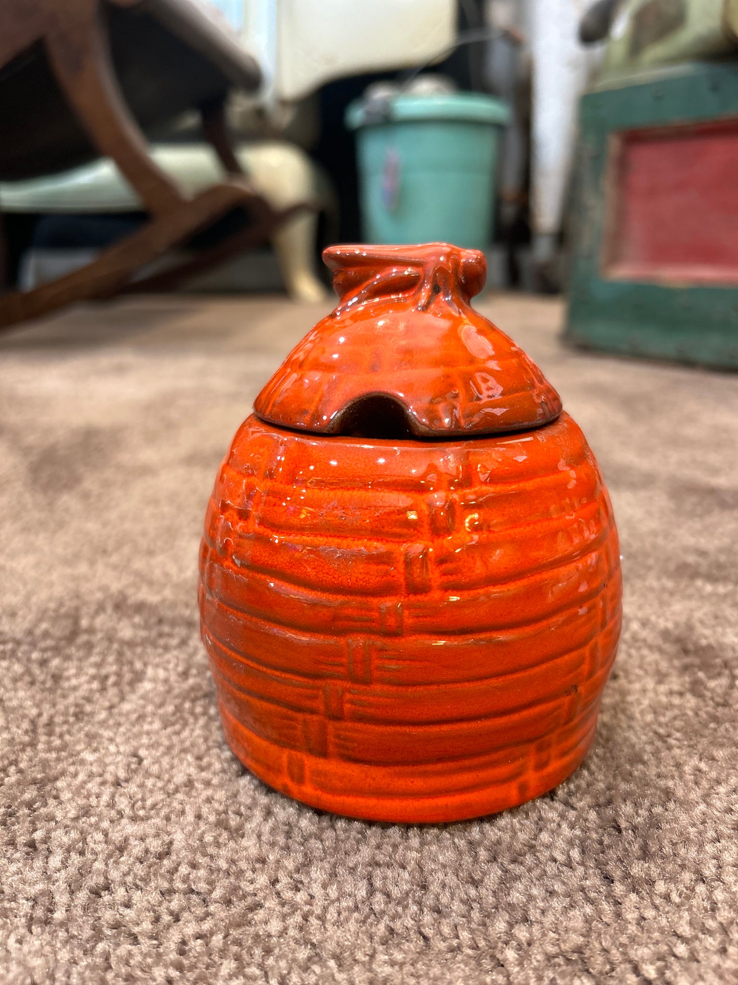 Frankoma Honey Pot with Bee Lid- Flame Orange- Missing Spoon