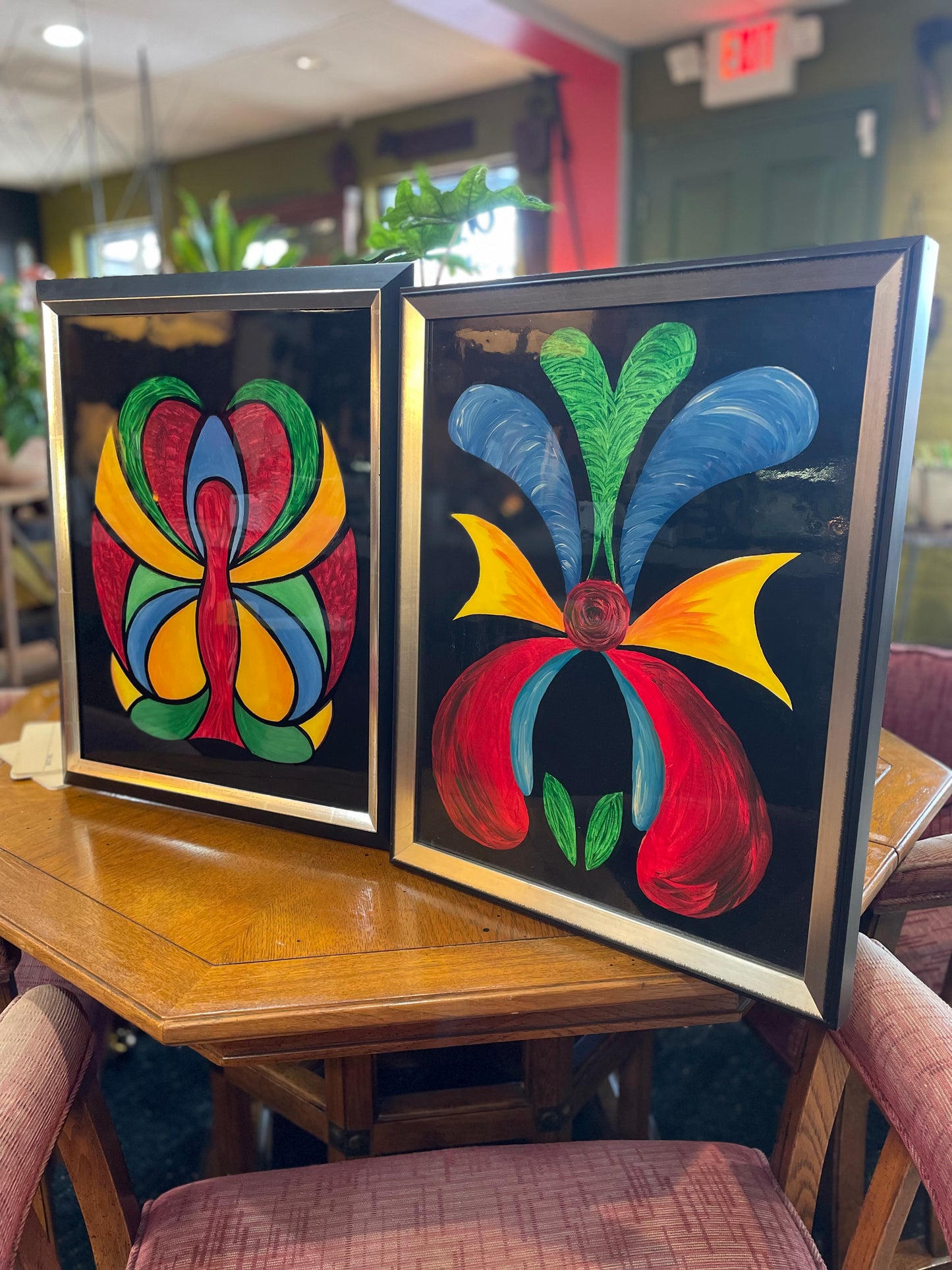 Set of 2 Abstract Flower And Butterfly on Canvas- Primary Colors- Signed Originals