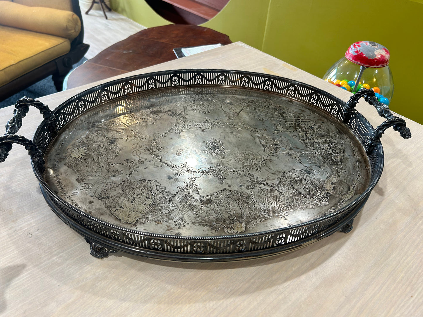 Martin Hall Victorian Footed Silver Plated Tray with Gallery and Handles