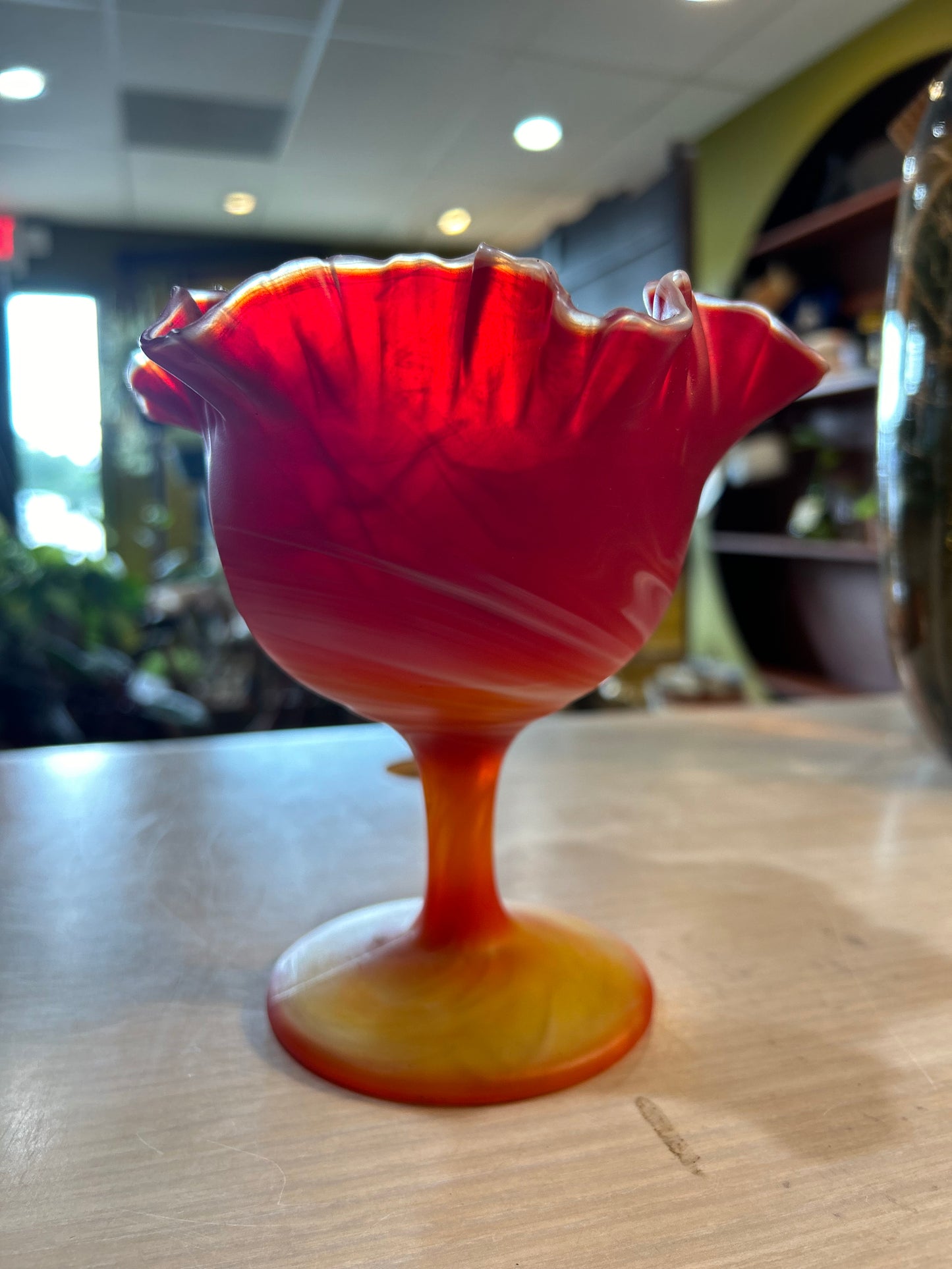 Vintage Red Flame Imperial Slag Glass Pedestal Bowl