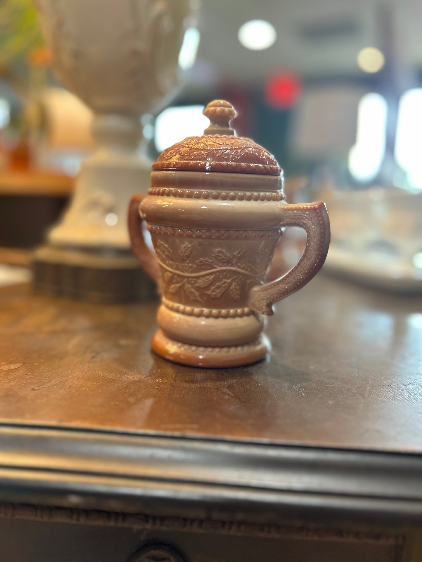 Summit Vintage Chocolate Caramel Slag Glass- Sugar Bowl With Lid- Holly Berry