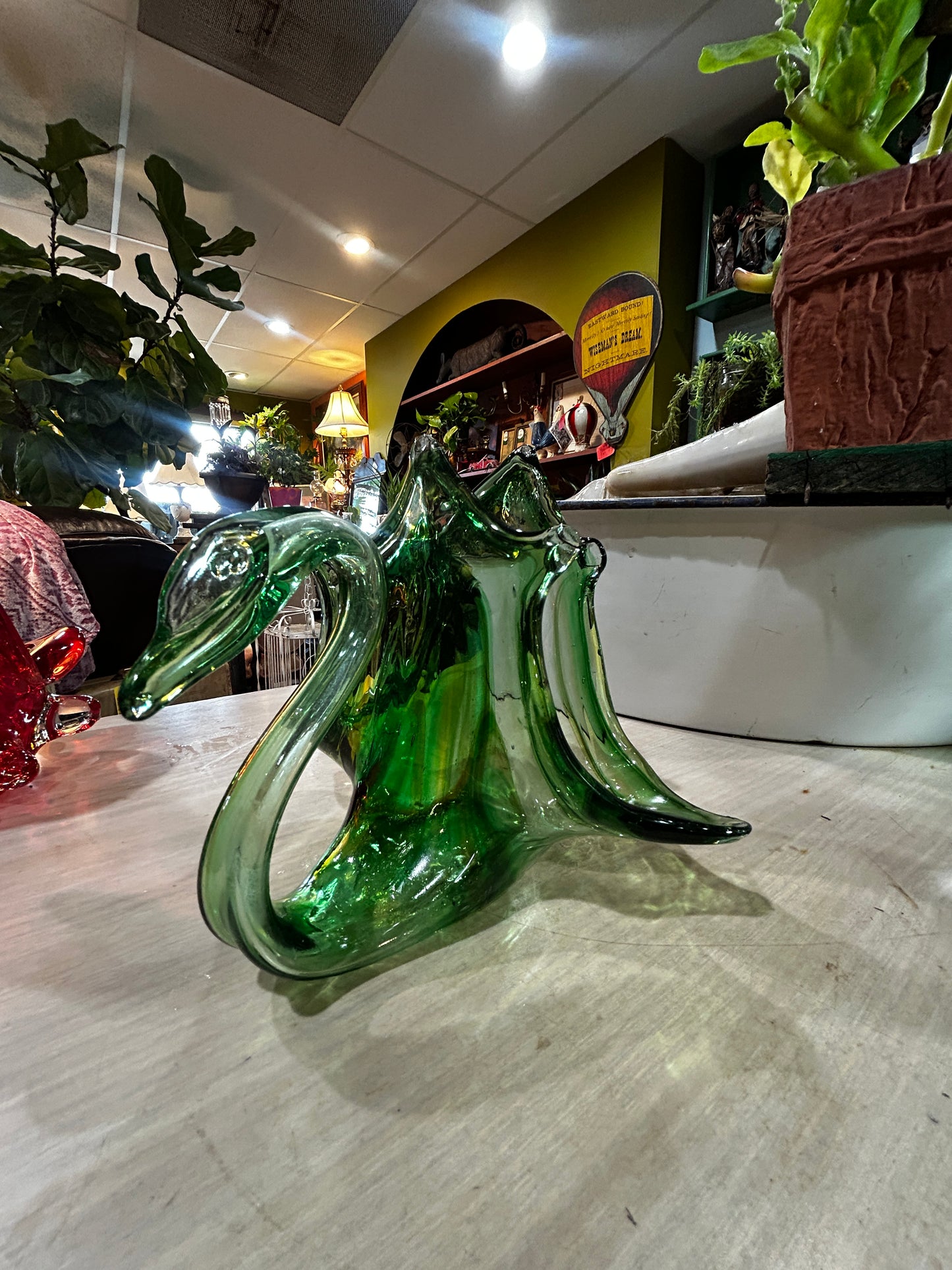MCM Hand Blown Glass Swan-Green and Amber Swirl