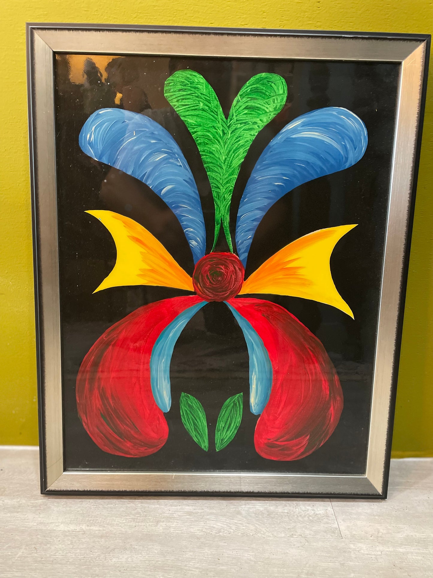 Set of 2 Abstract Flower And Butterfly on Canvas- Primary Colors- Signed Originals