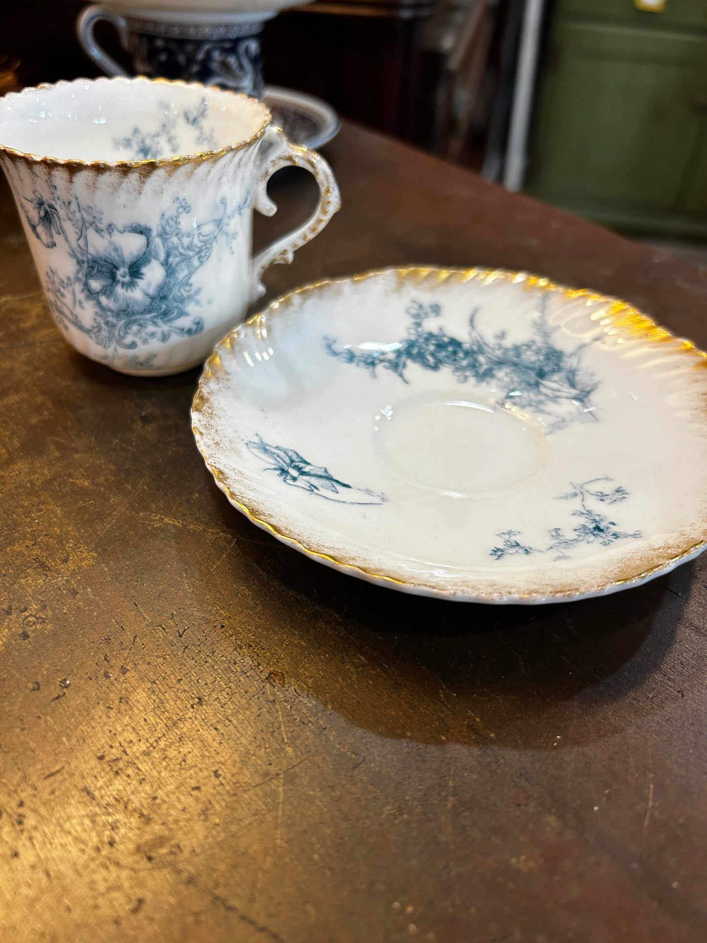 Bisto Bishop and Stonier Bone China Blue Flowers Gold Gilded Trim Demitasse Teacup and Saucer Set