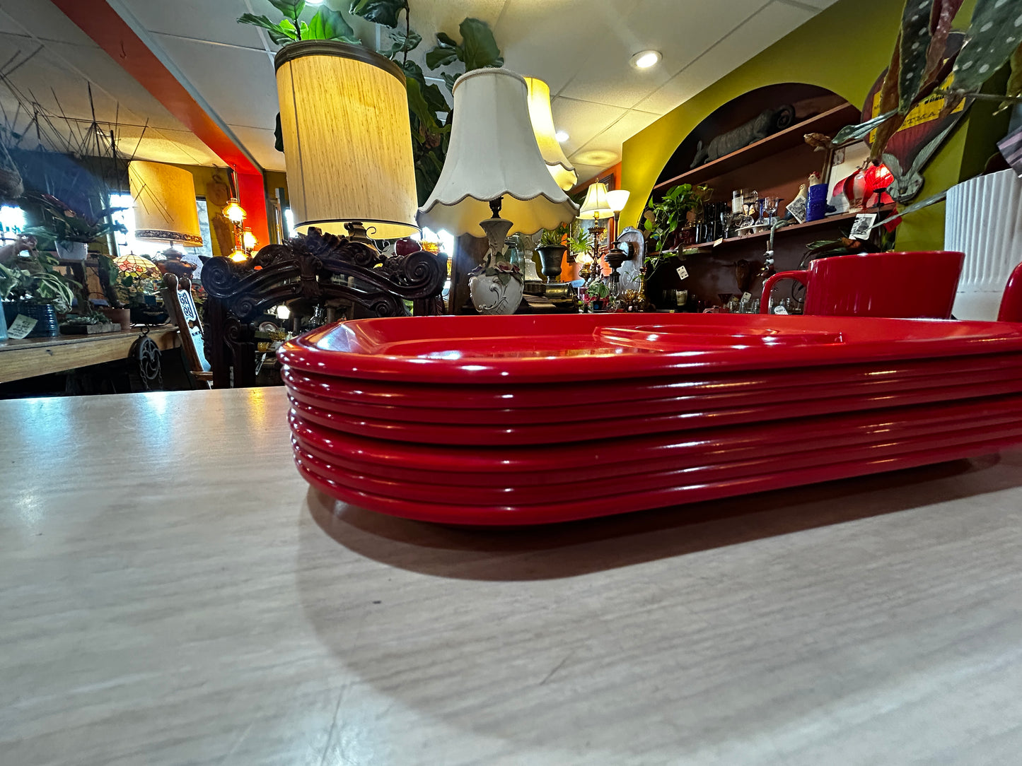 Vintage Set of Red Melamine Cafeteria Trays and Mugs- 8 Trays/3 Mugs