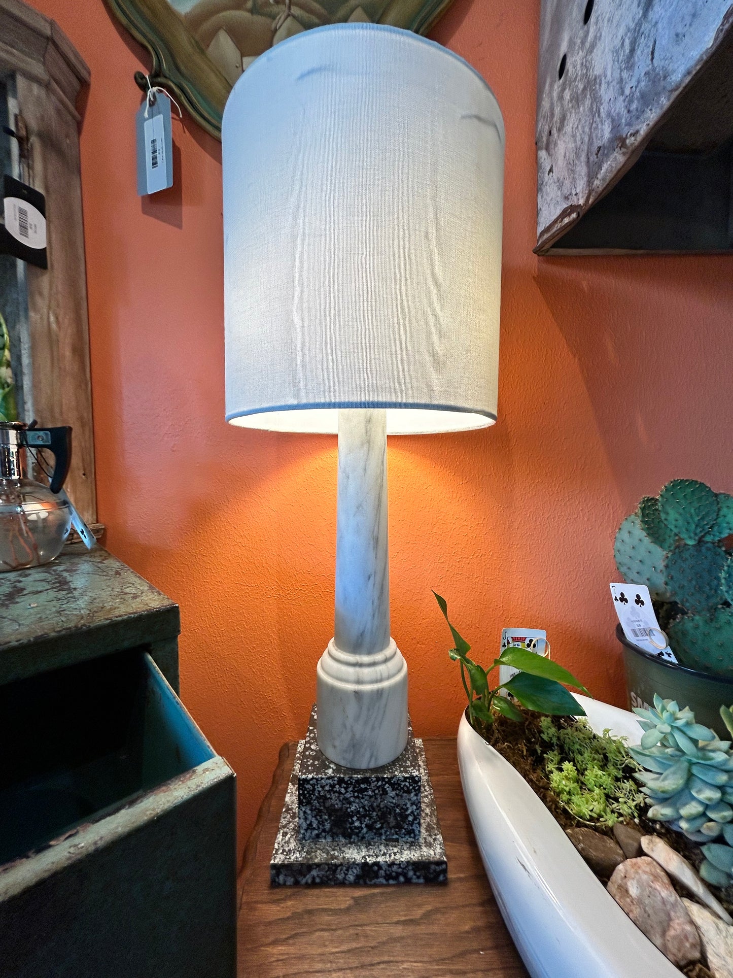 Vintage Solid Italian Carrara Marble Lamp with Wooden Base