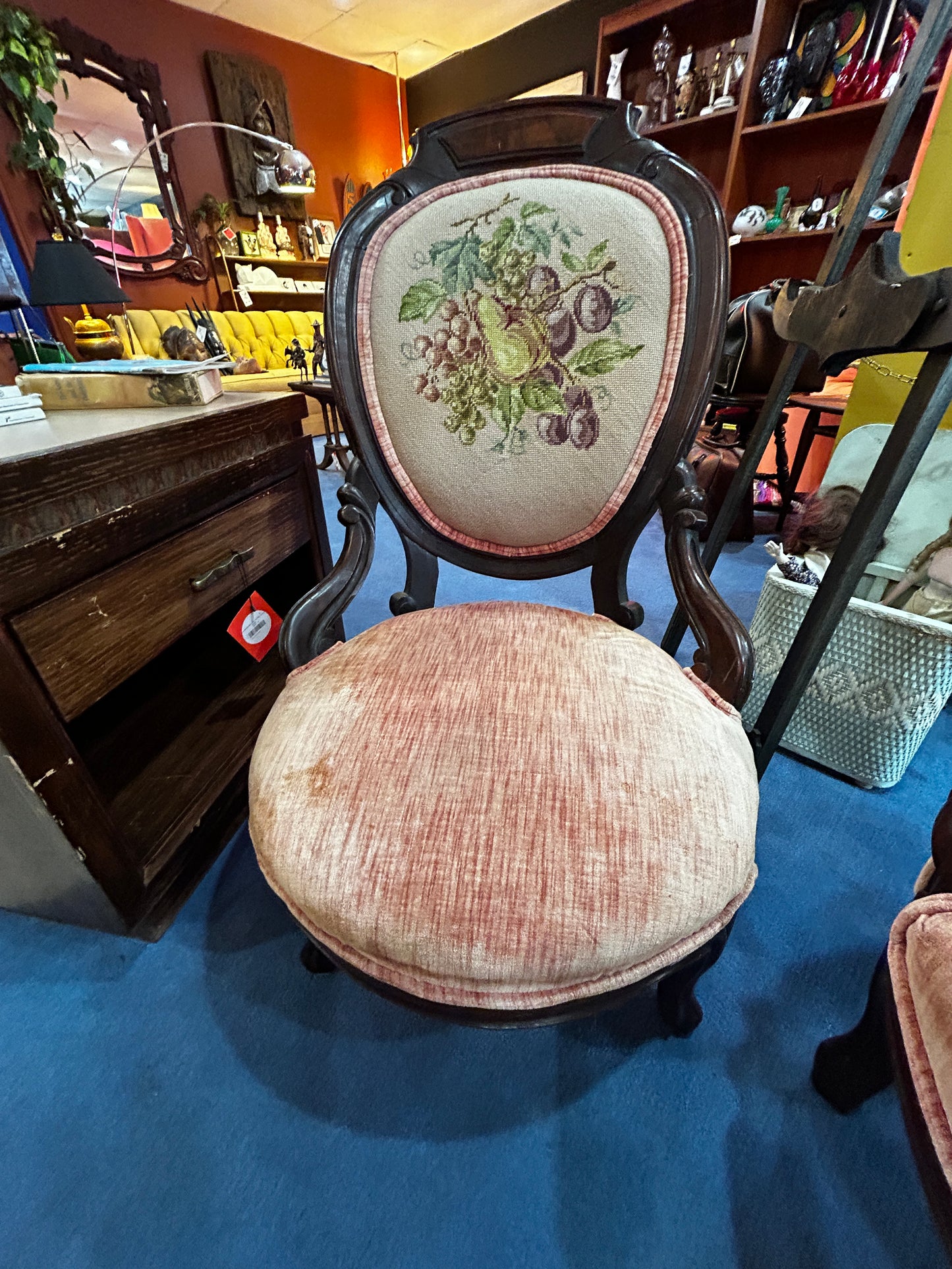 Set of 2 Pink Velvet Mahogany Needlepoint Parlour Chairs