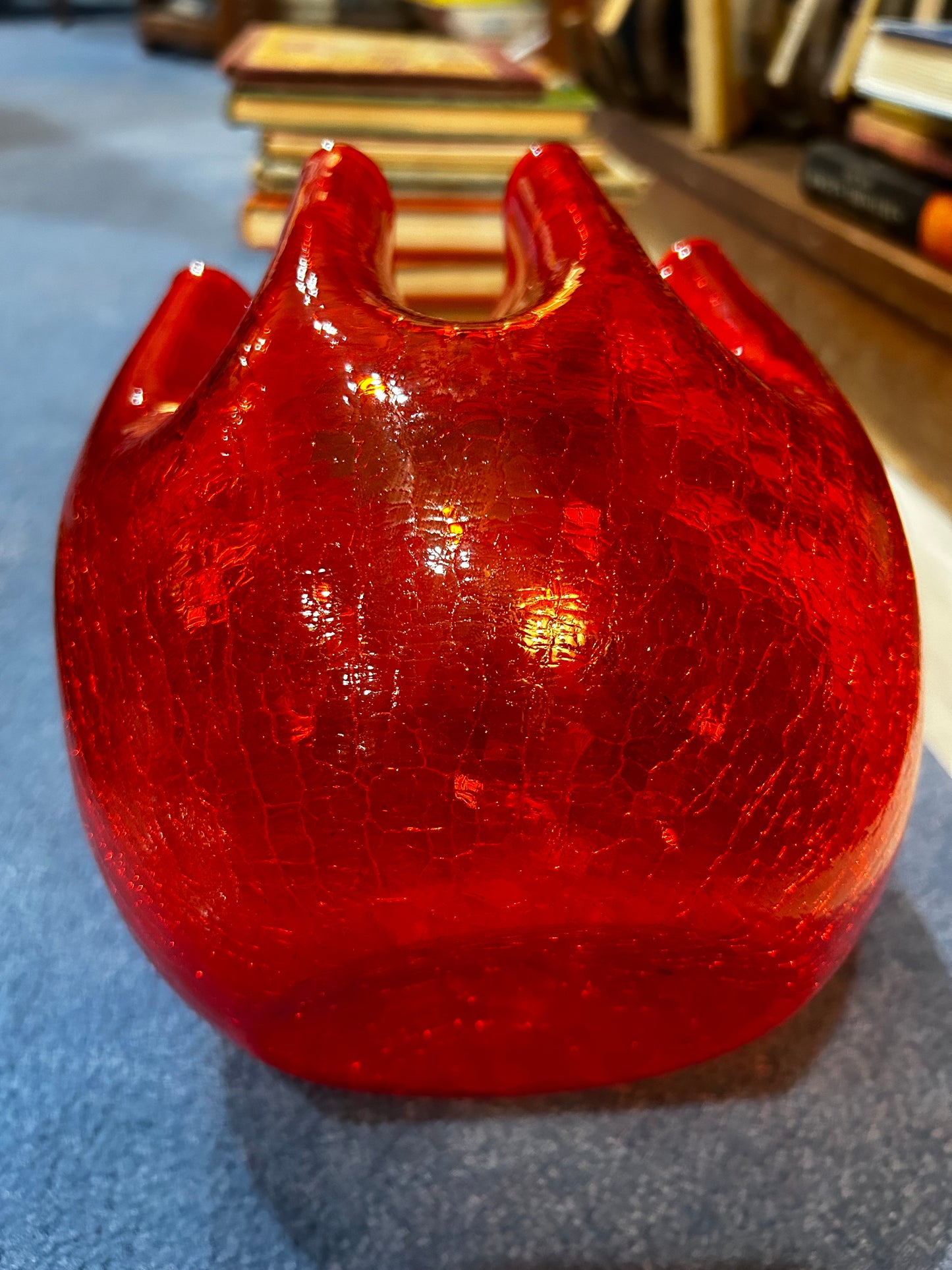 Amberina Crackle Glass Vase- Crimped Rim- Hand Blown