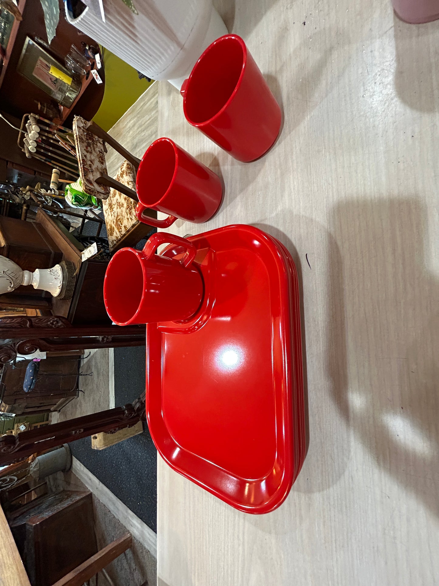 Vintage Set of Red Melamine Cafeteria Trays and Mugs- 8 Trays/3 Mugs