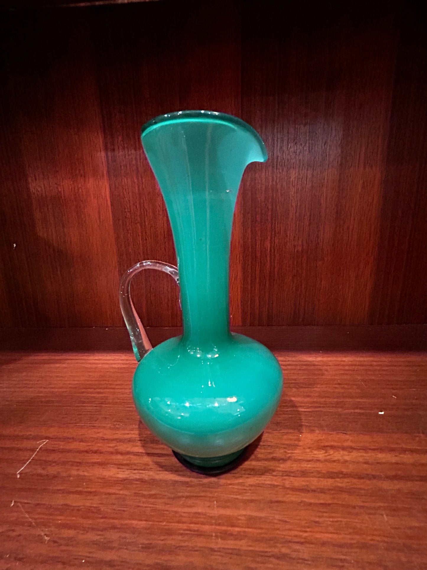 Green Glass Pitcher Vase- Celery Handle
