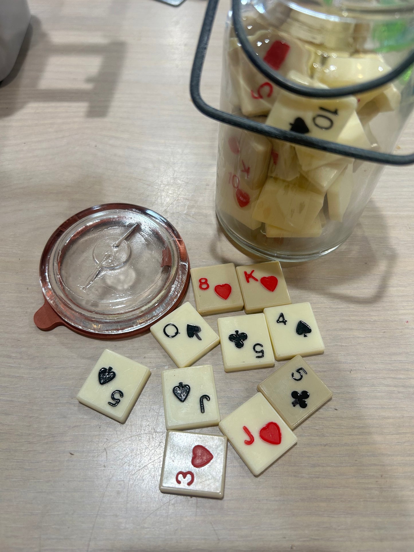 Random Ginnykub Game Pieces in Vintage Wheaton Jar