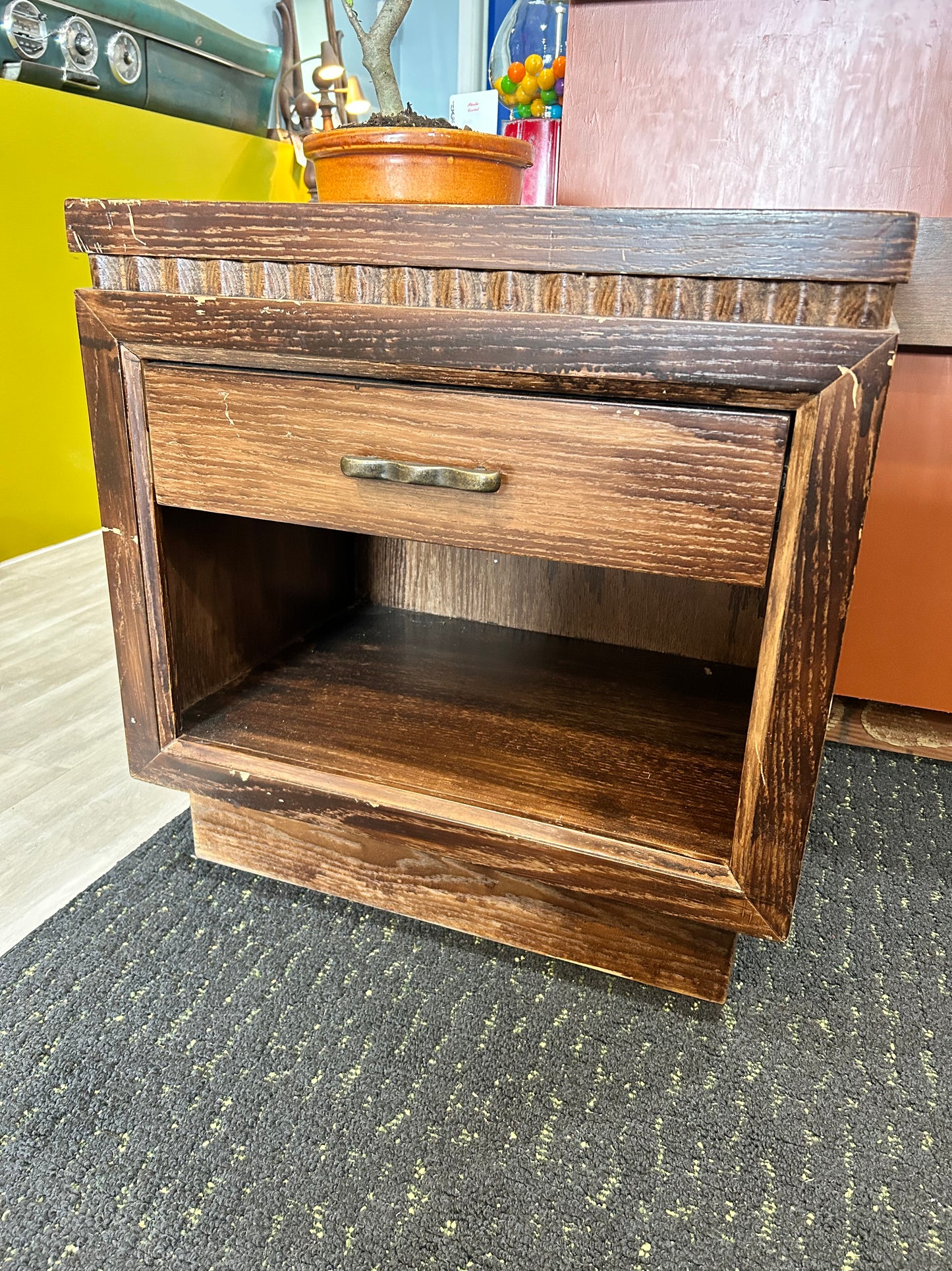 MCM Wooden Nightstand- Tan Panel Top with Drawer