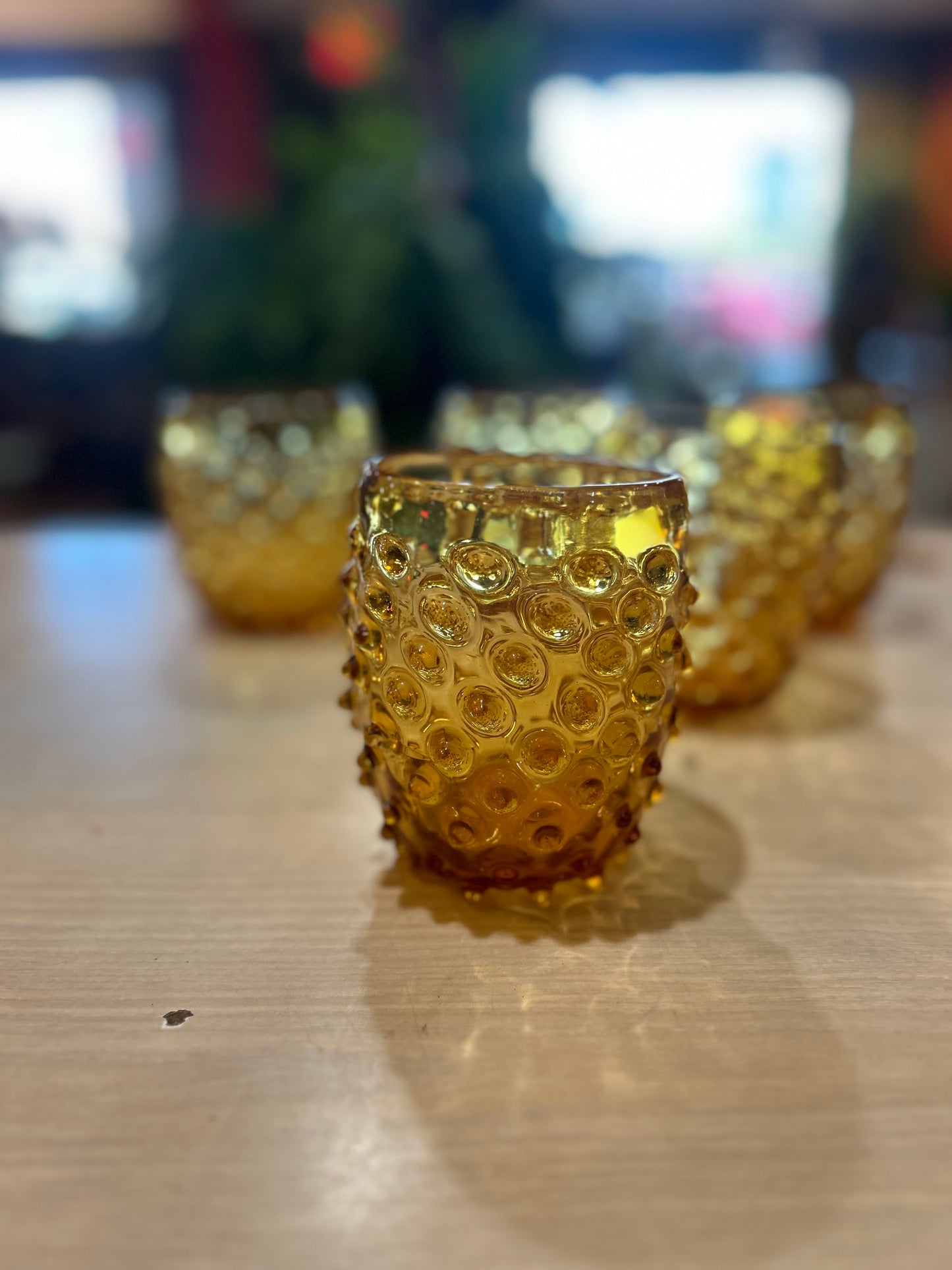 Set of 5 Hand Blown Amber Hobnail Glasses