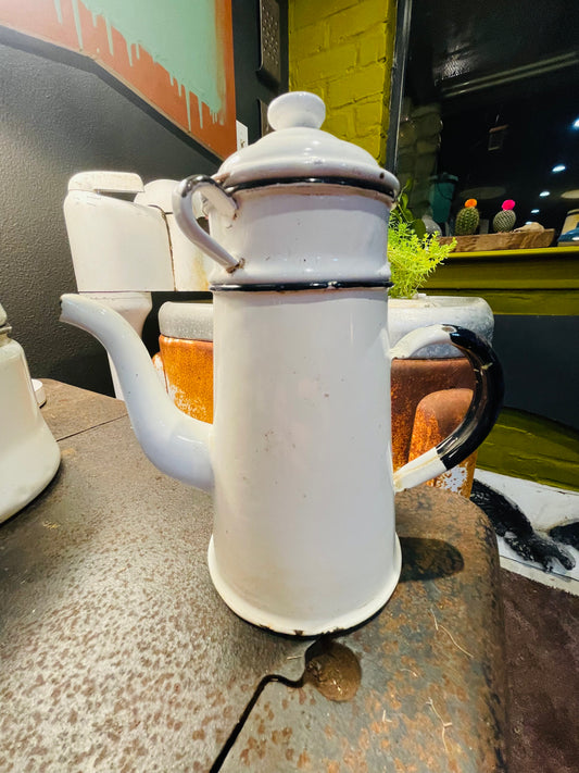 RARE Vintage French Enamelware 3 Piece Coffee Pot- White Black Trim