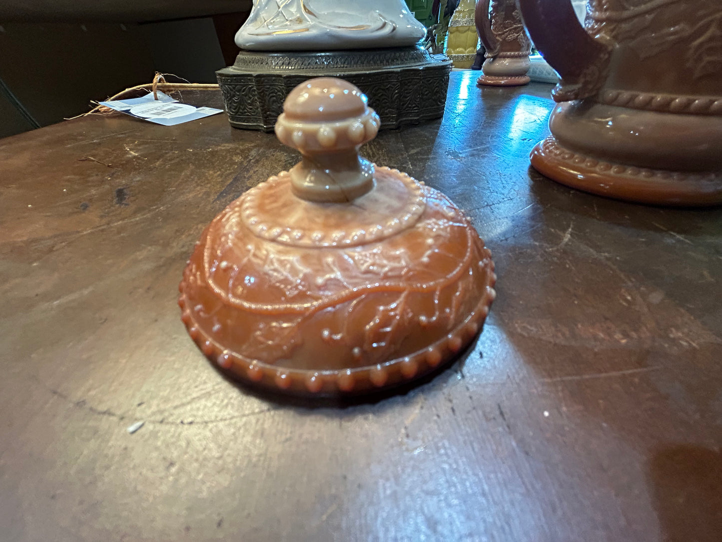 Summit Vintage Chocolate Caramel Slag Glass- Sugar Bowl With Lid- Holly Berry