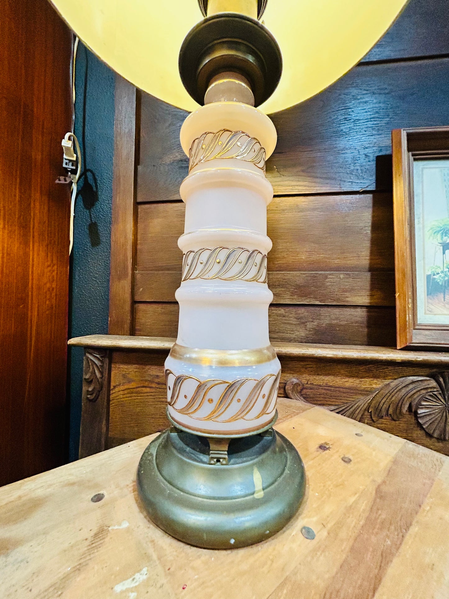 Vintage MCM Pink Glass and Brass Tall Table Lamp- Hand Painted Gold Accents