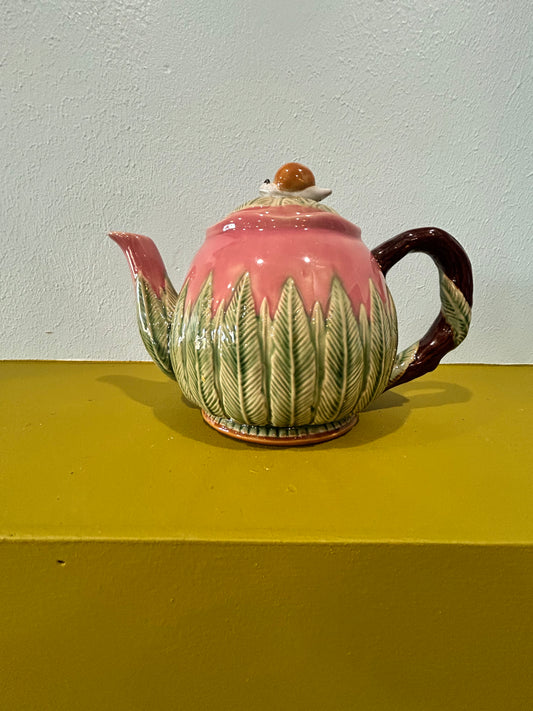 Vintage Majolica Ceramic Teapot- Snail Lid Stamped/Signed by Artist