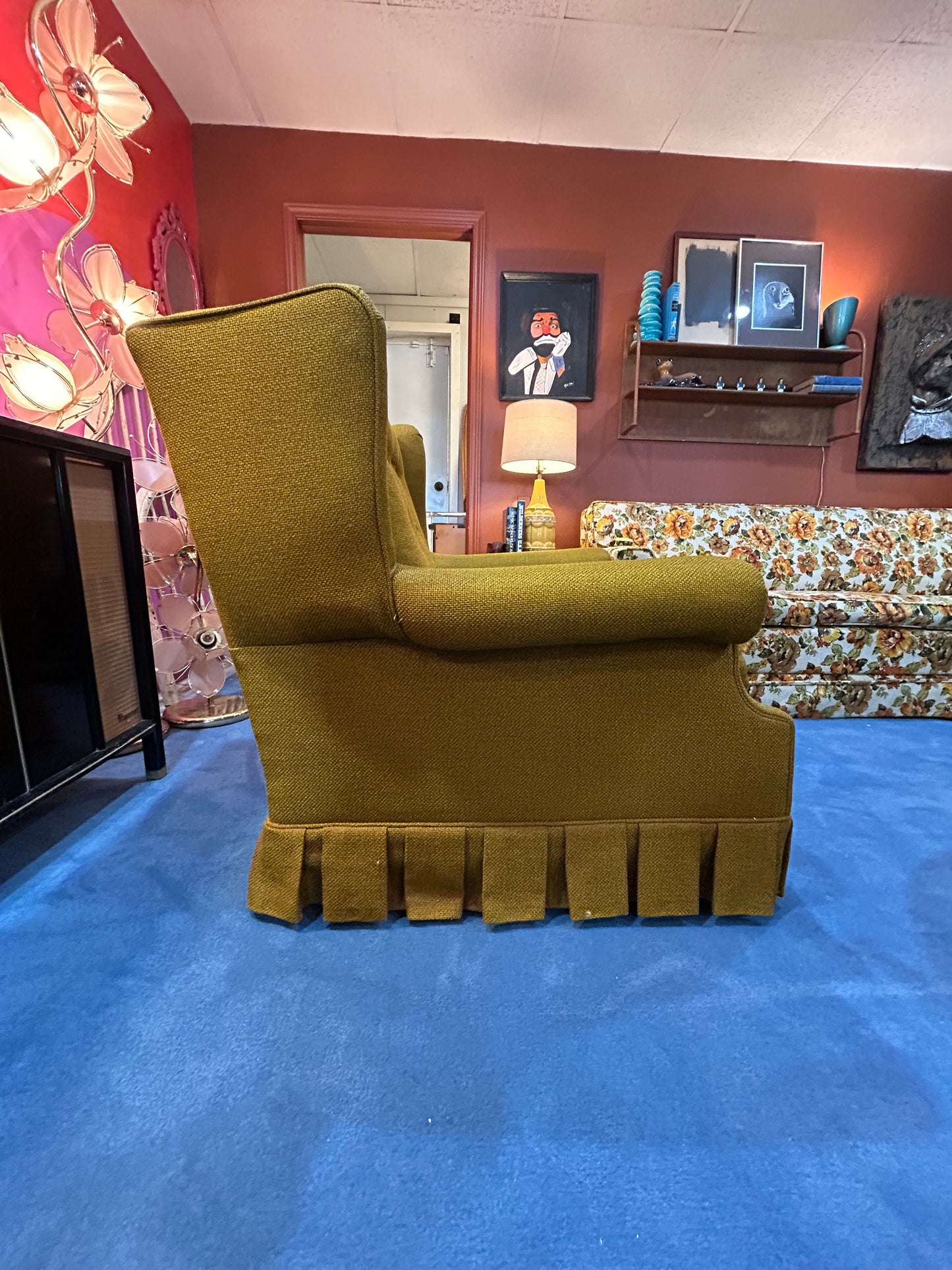 Vintage Chartreuse Felt Wingback Chair