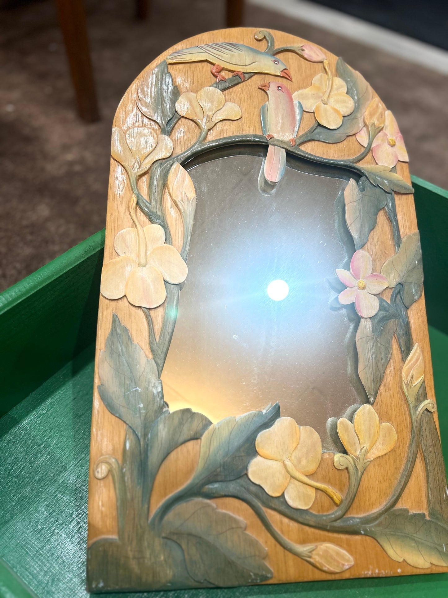Vintage Hand Carved Tropical Birds and Flowers Wooden Mirror